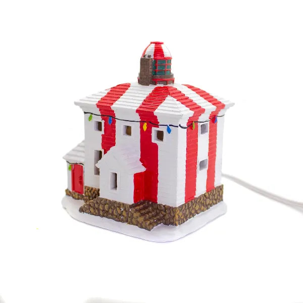 Cape Bonavista Lighthouse Christmas village décor inspired by Newfoundland’s historic red-and-white coastal landmark.