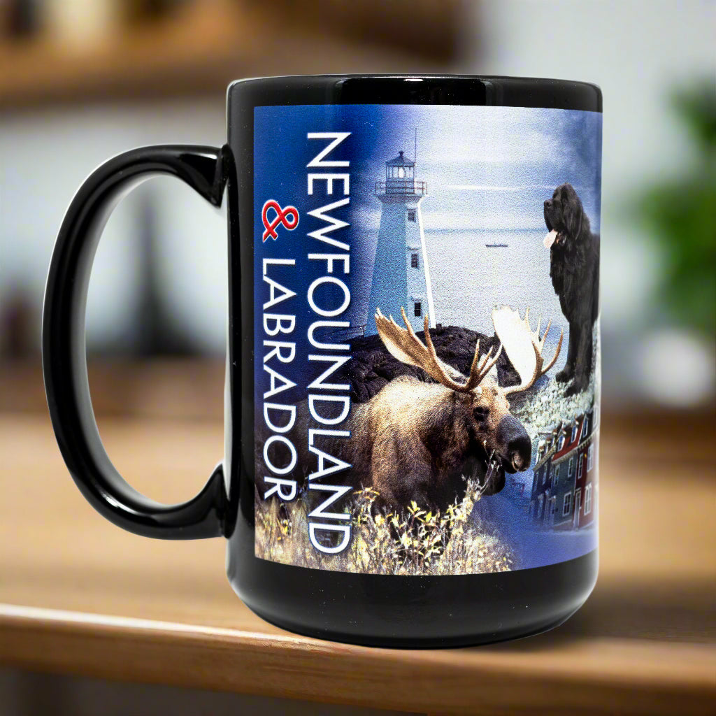 Newfoundland & Labrador souvenir mug featuring moose, lighthouse, Newfoundland dog, and colourful row houses, highlighting local icons.