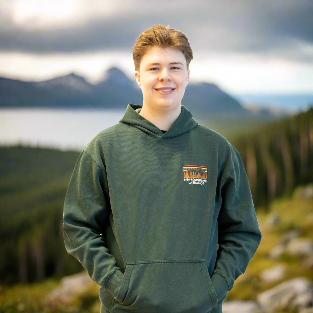 Green Newfoundland Explorer Hoodie with mountain, trees, and stylized sky design on the chest.
