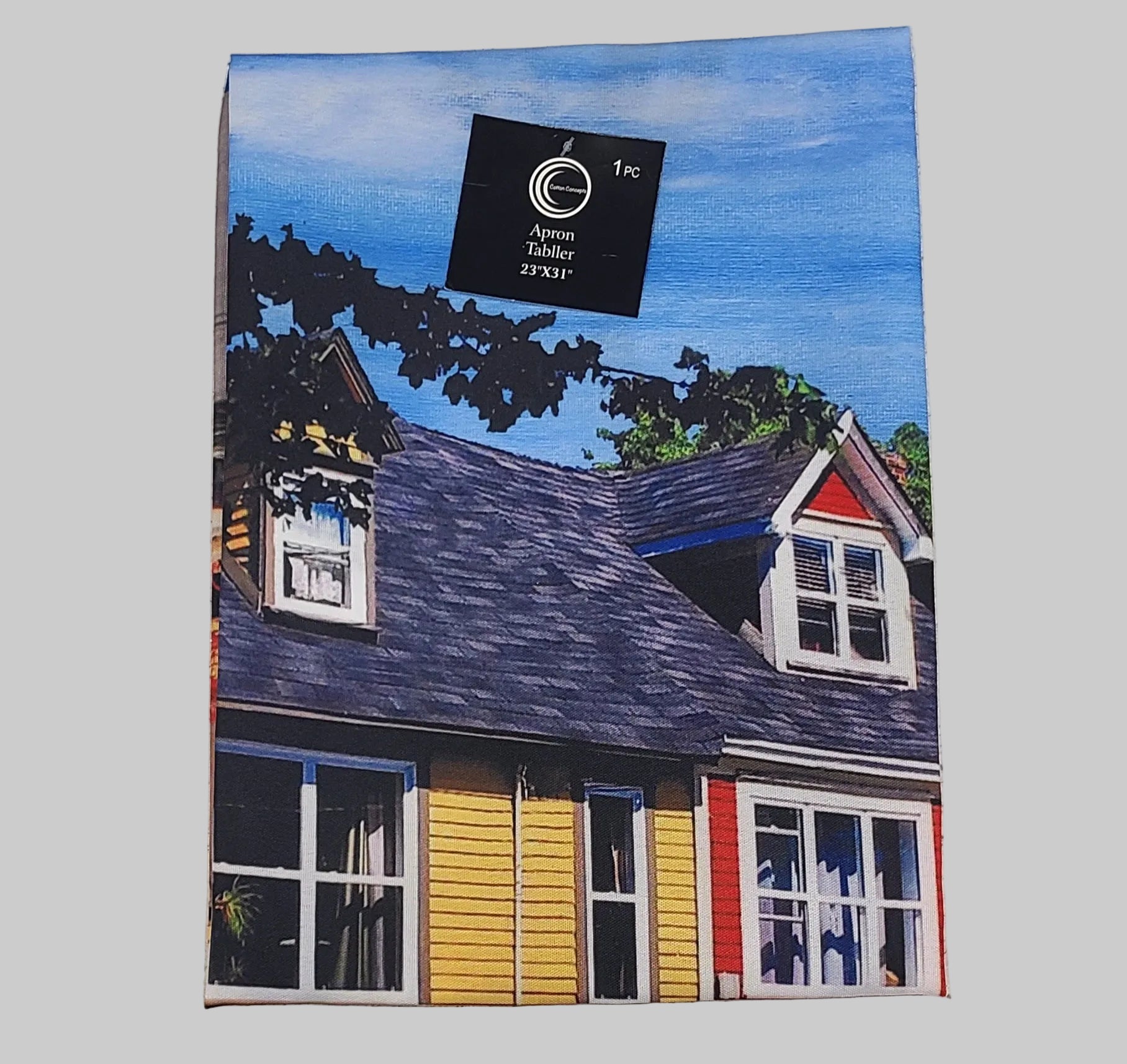 Packaged product with a house illustration on a textured surface