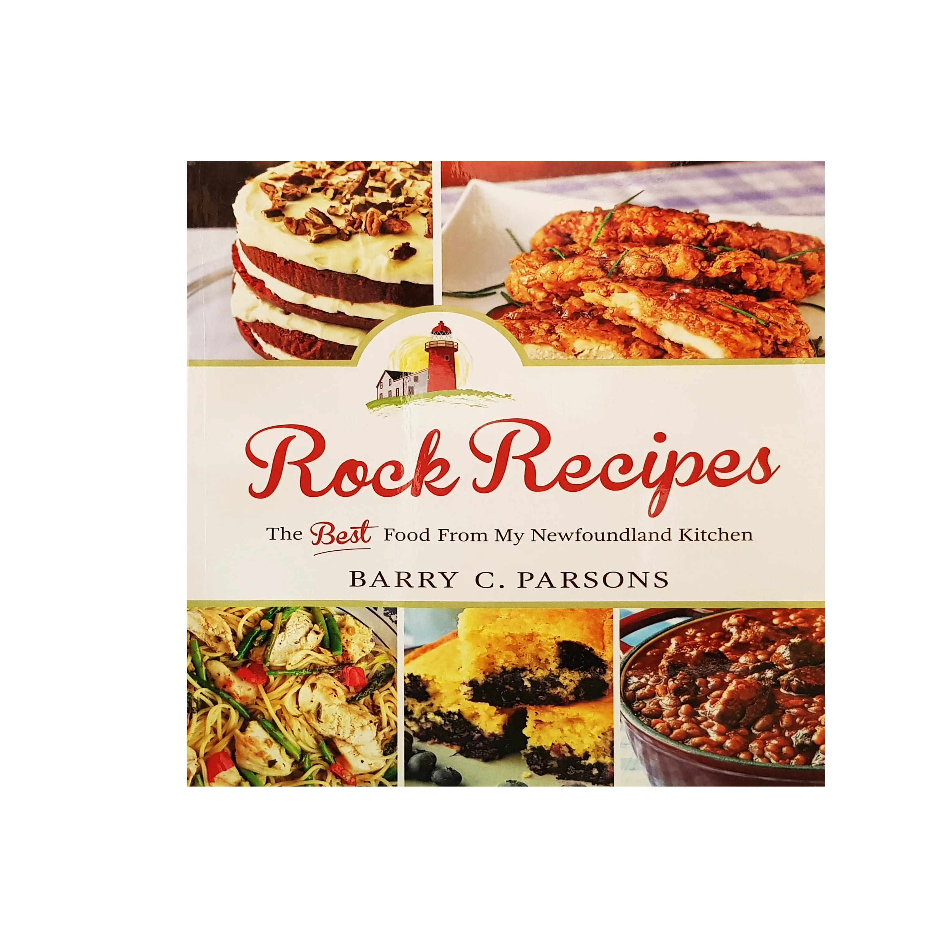Book cover of 'Rock Recipes' with images of food and a lighthouse graphic.
