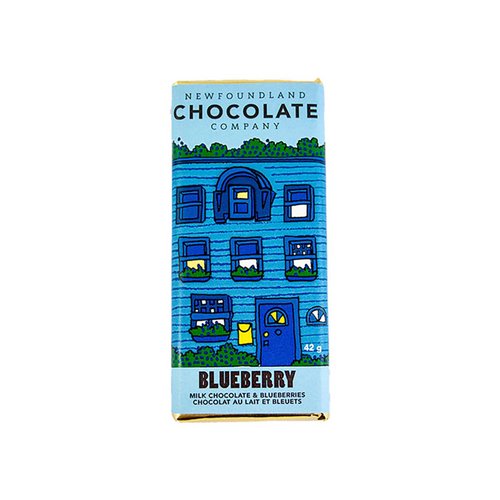 Blueberry chocolate bar packaging with a blue Newfoundland row house illustration on a white background