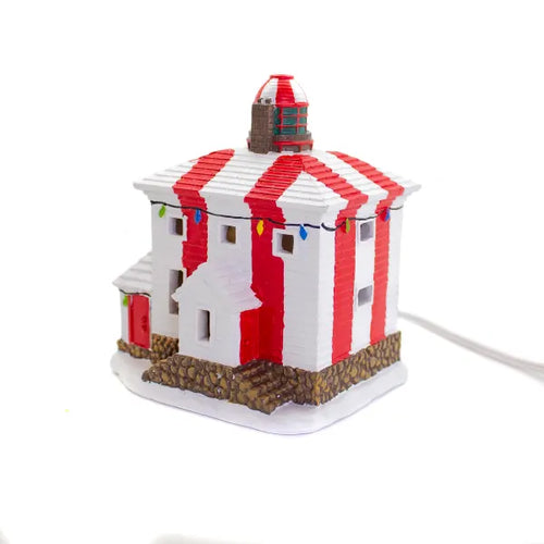 Cape Bonavista Lighthouse Christmas village décor inspired by Newfoundland’s historic red-and-white coastal landmark.