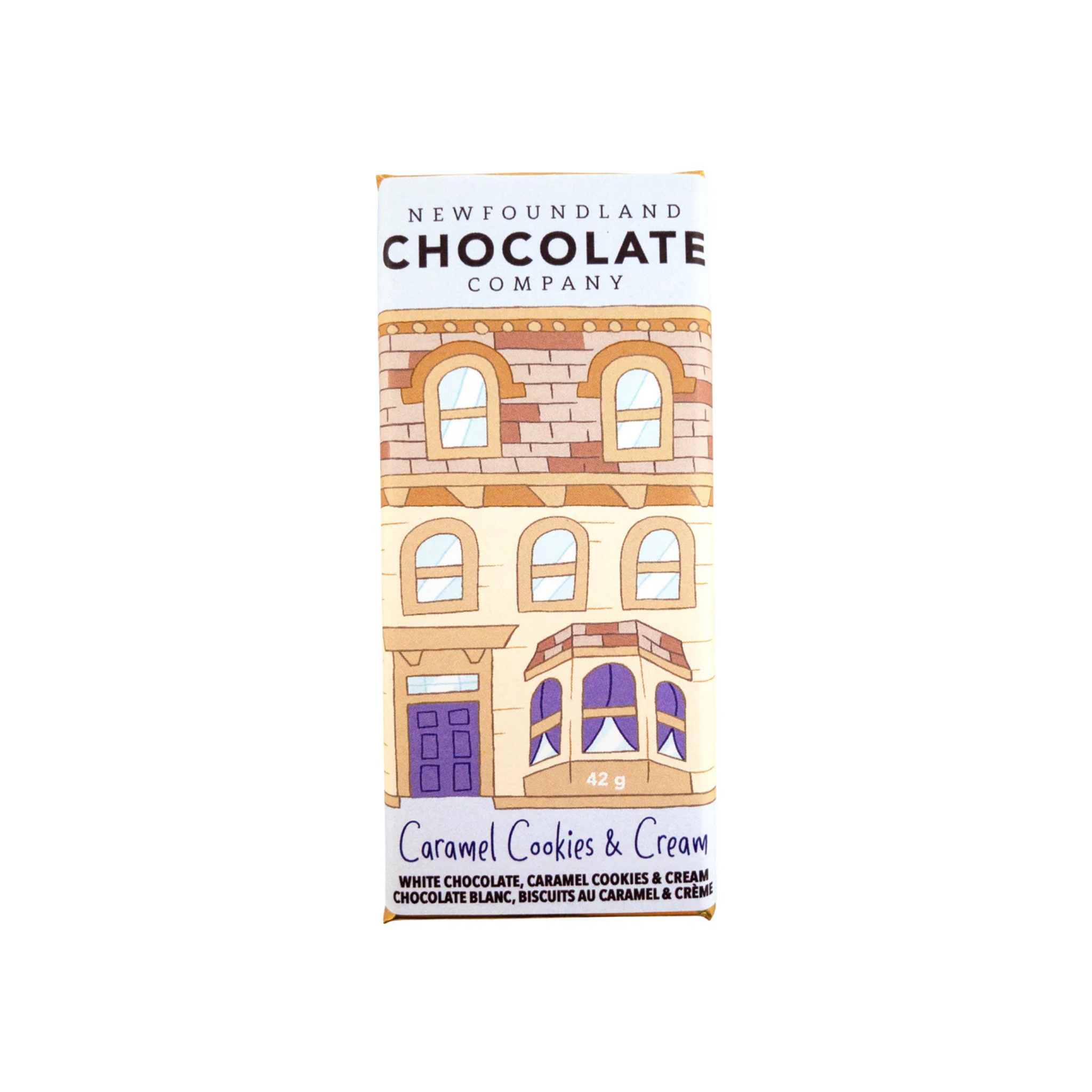 White chocolate bar packaged with Newfoundland row house design.