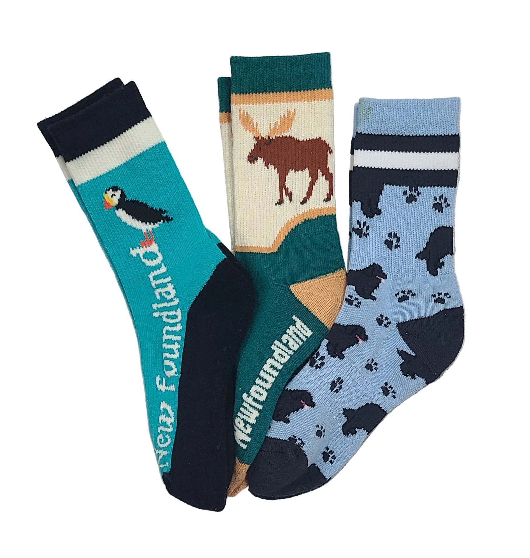 Three pairs of socks with Newfoundland-themed designs on a gray surface