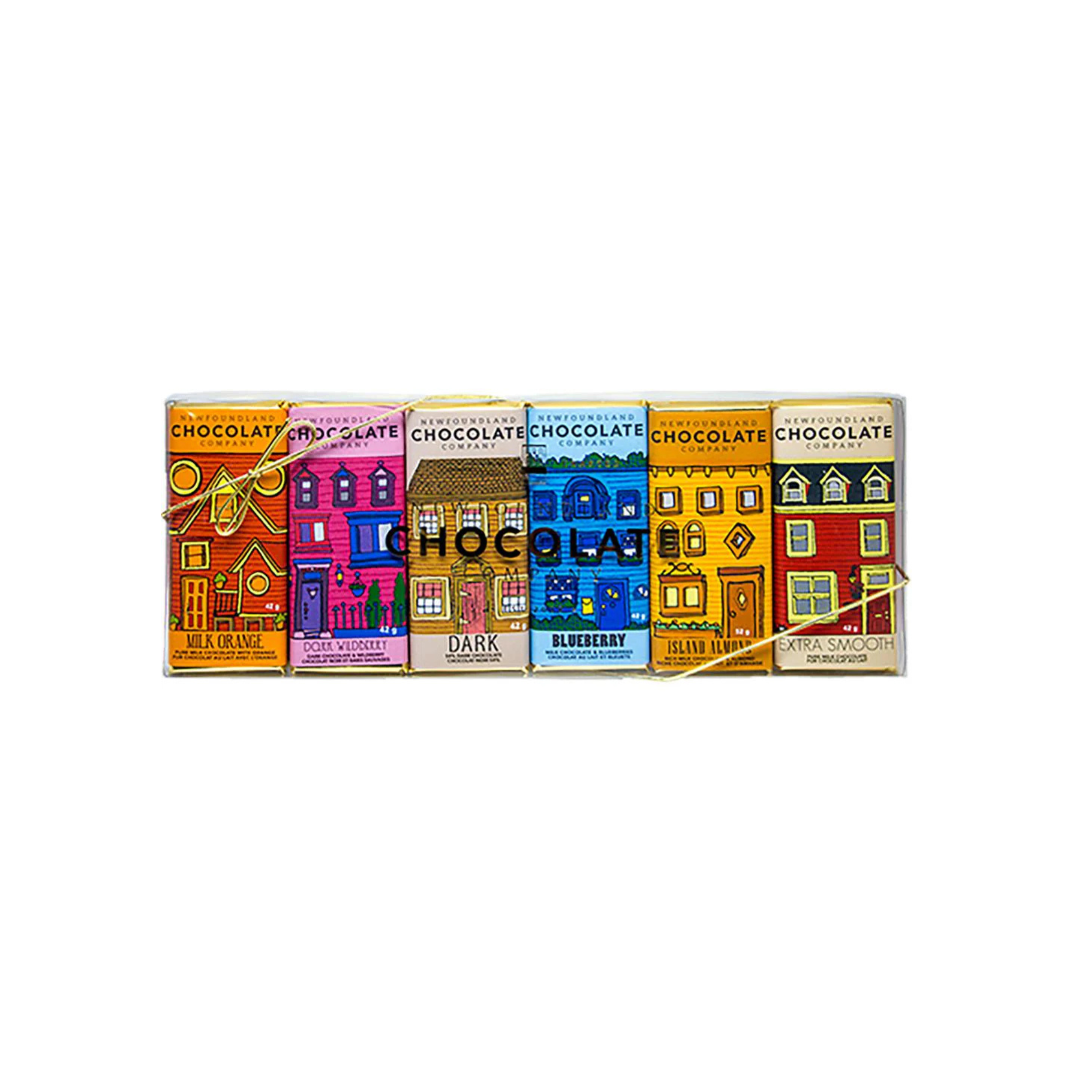 Set of colourful chocolate bars with Newfoundland row house designs on a white background