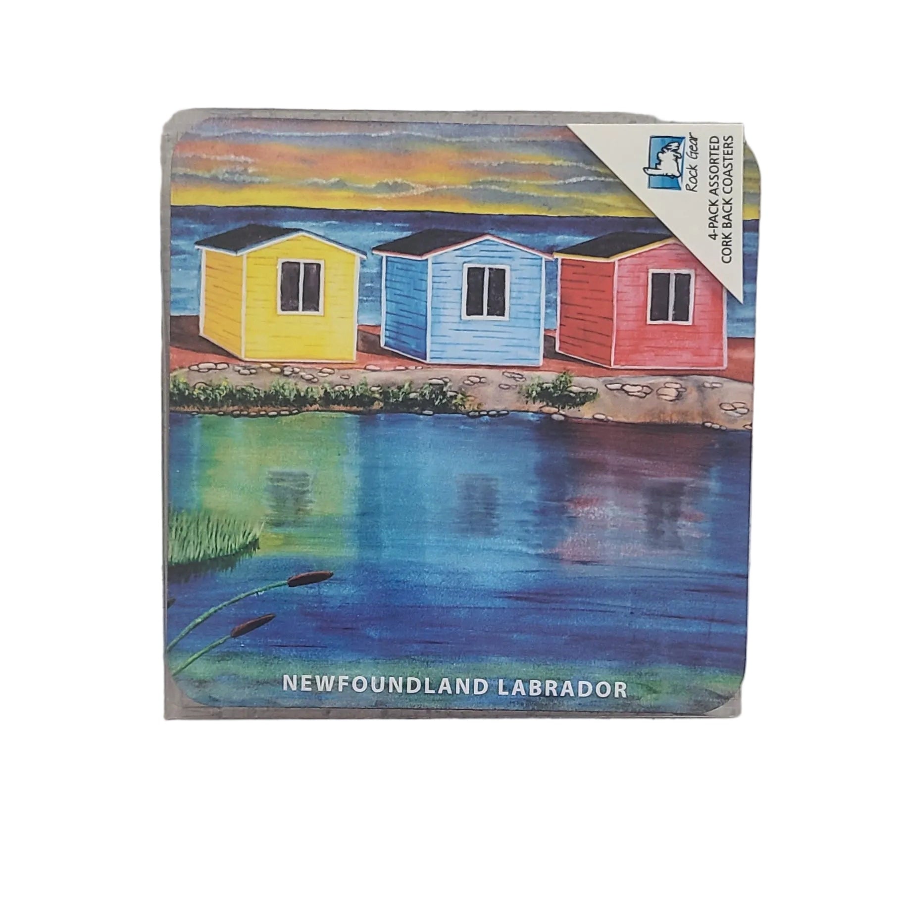 Cardboard box with colorful illustration of houses by a lake, labeled 'Newfoundland & Labrador'.