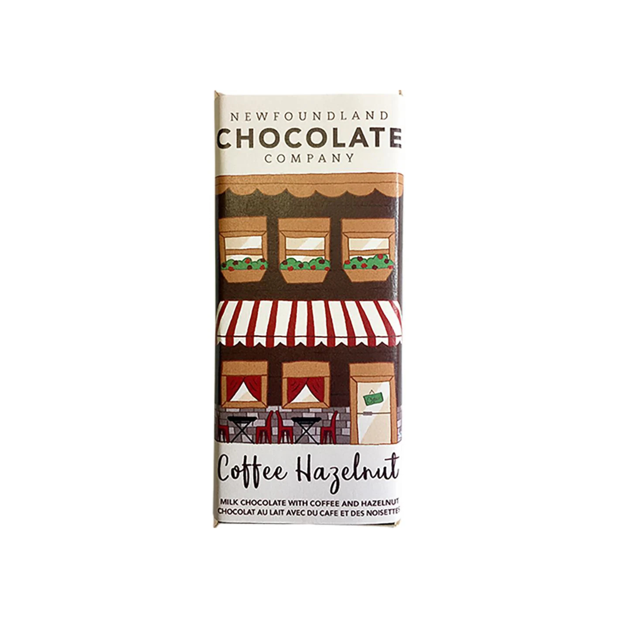 Coffee Hazelnut Chocolate Bar in traditional Newfoundland row house packaging.