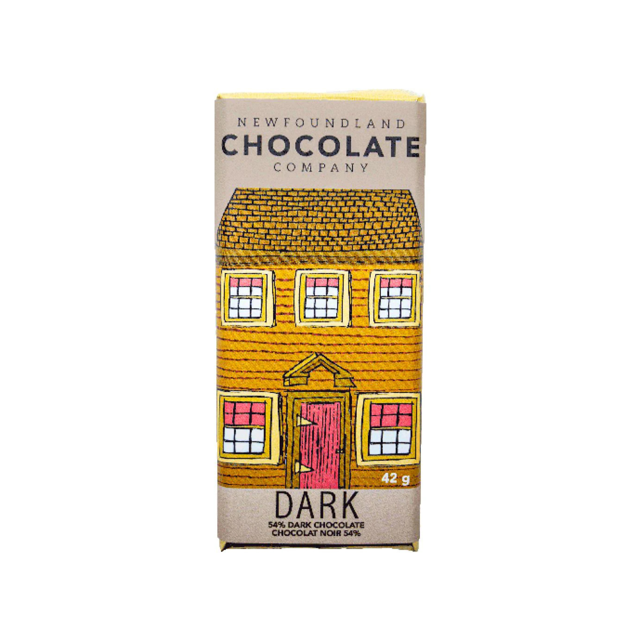 Dark chocolate bar with a Newfoundland row house design in brown and pink hues
