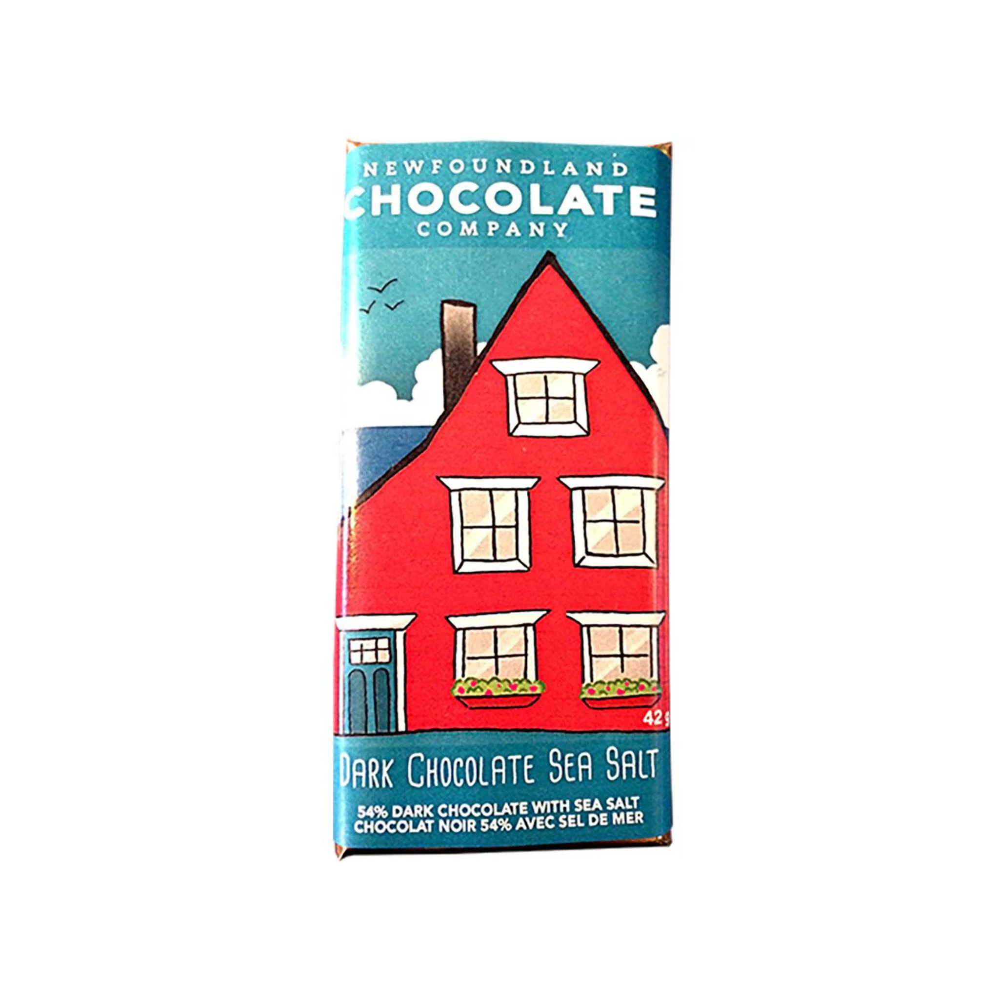 Dark Chocolate Sea Salt Bar  with a red Newfoundland row house illustration