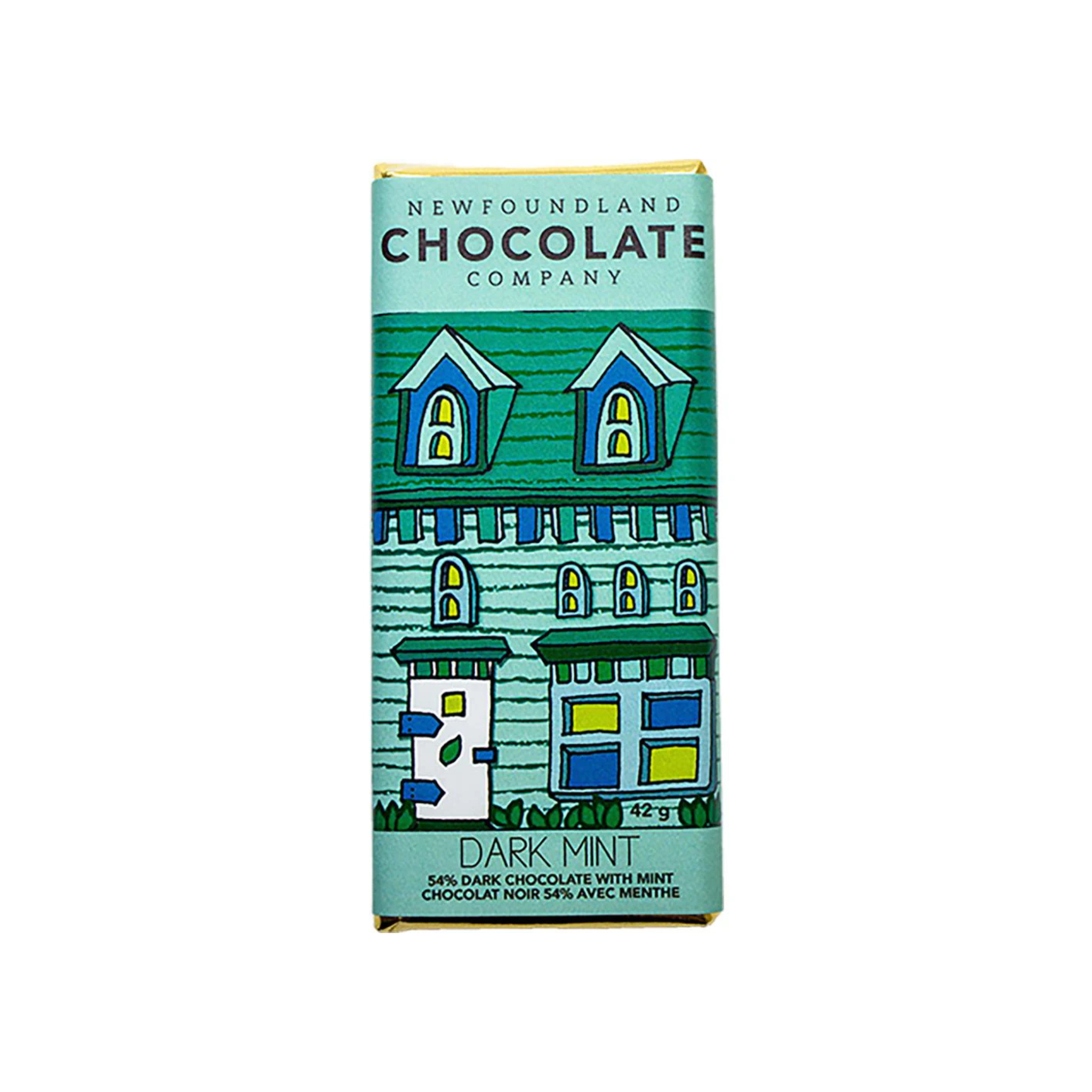 Dark Mint Chocolate Bar wrapped in a green and blue Newfoundland row house illustration