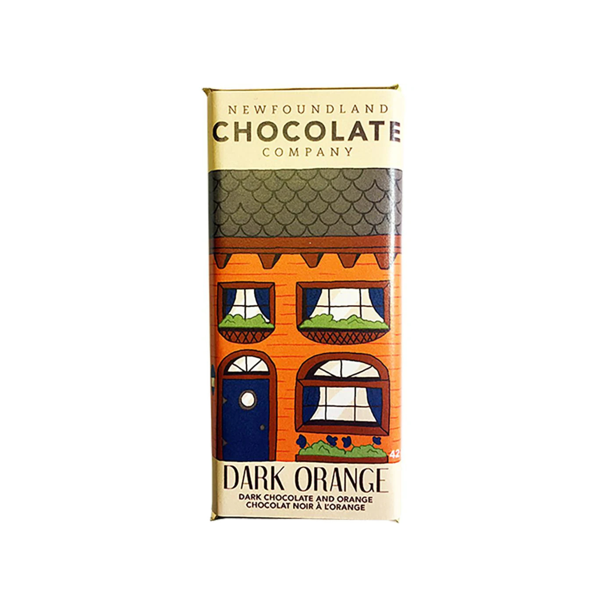 Dark Orange Chocolate Bar packaged with a Newfoundland row house illustration in orange and green hues.