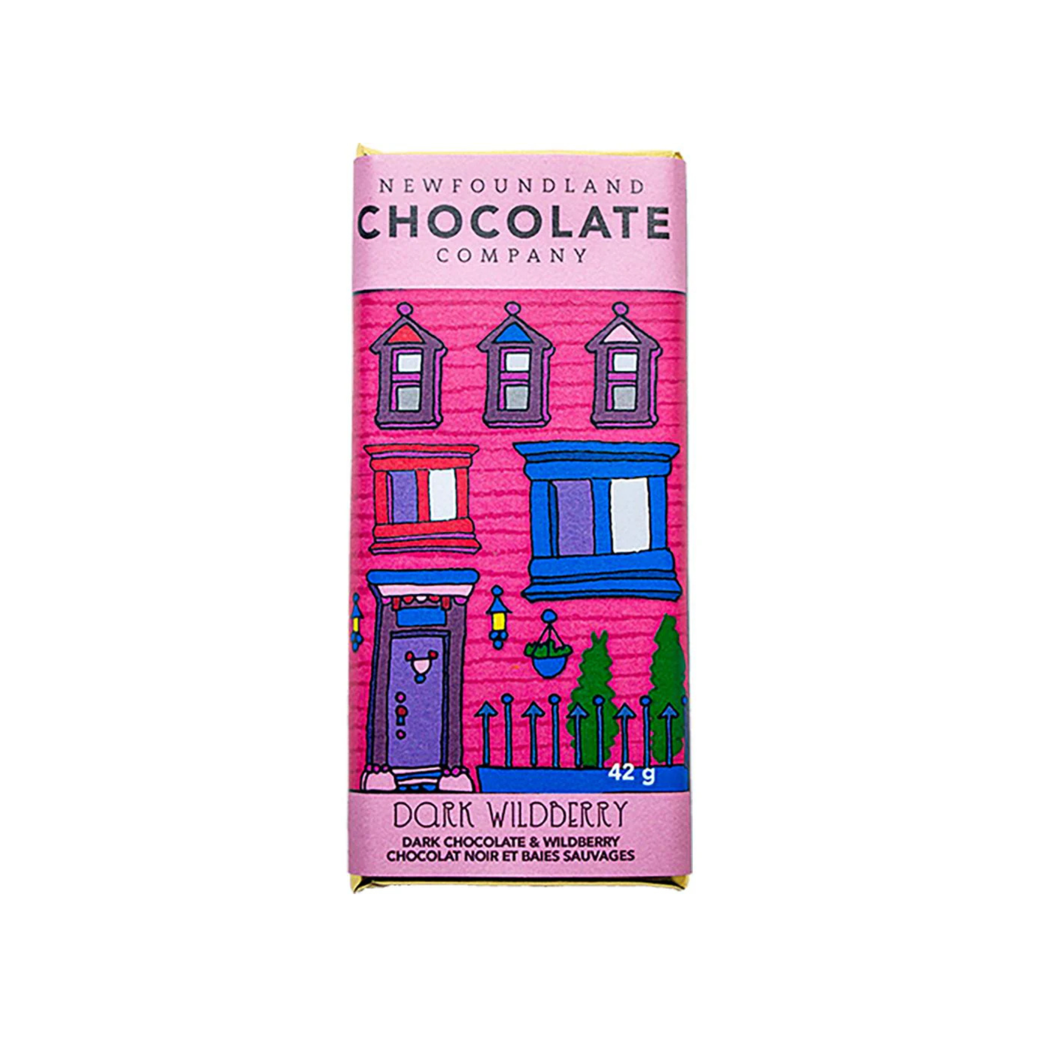 Dark Wildberry Chocolate Bar with bright pink Newfoundland row house design on its packaging.