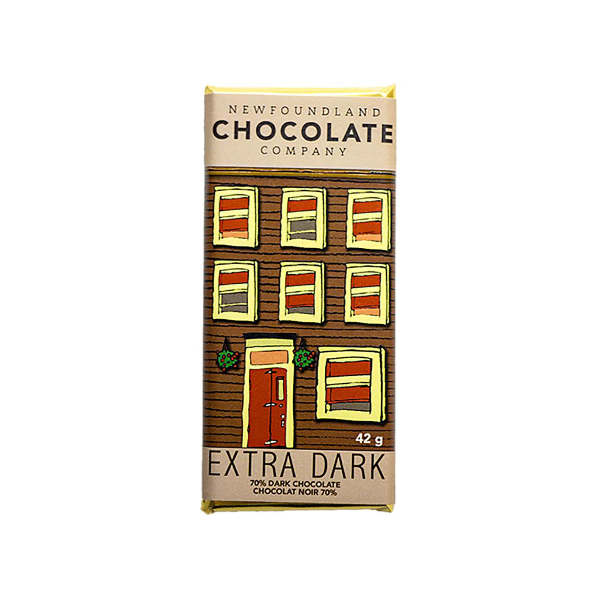 Extra Dark Chocolate Bar wrapped in famous Newfoundland row house illustration on warm brown hues.