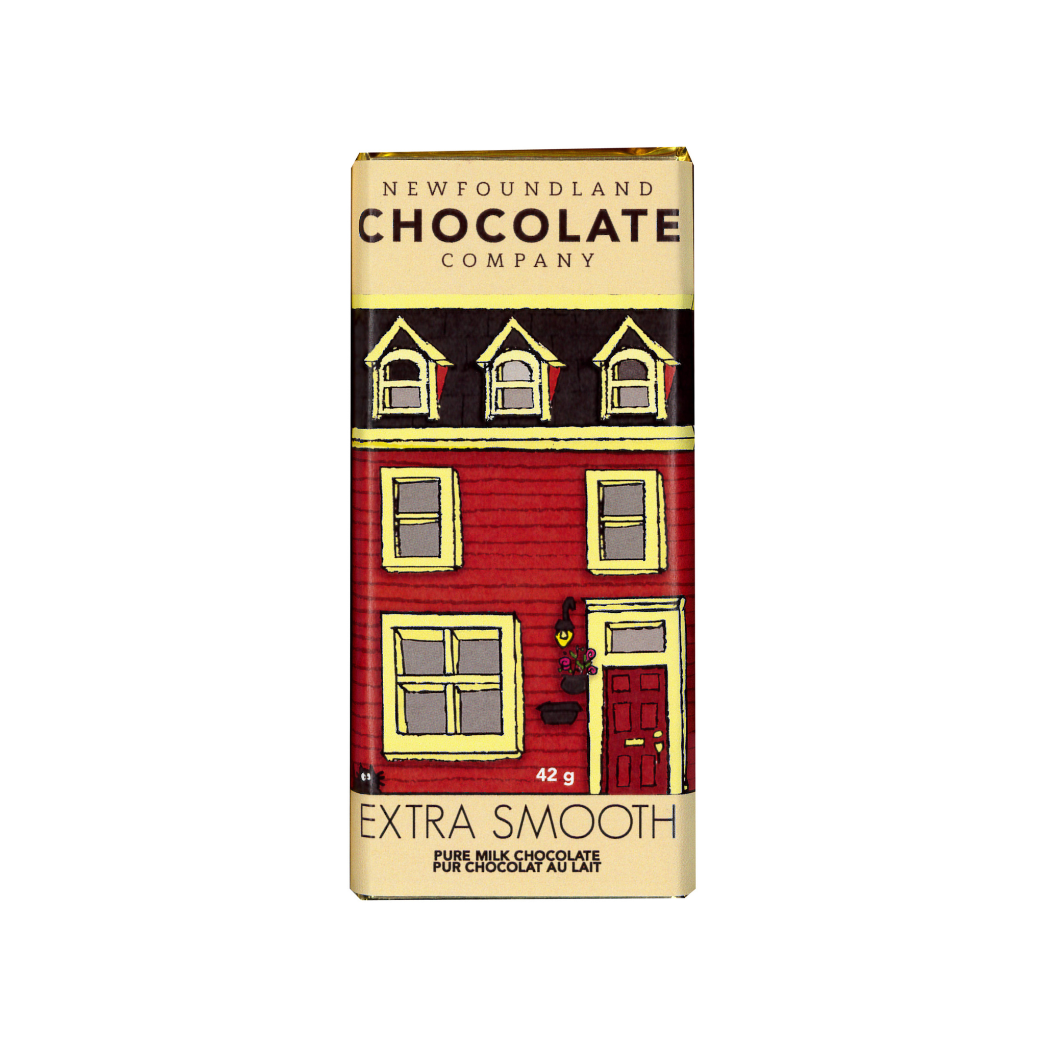 Milk chocolate bar packaging with a row house design and 'Newfoundland Chocolate Company' brand on a white background