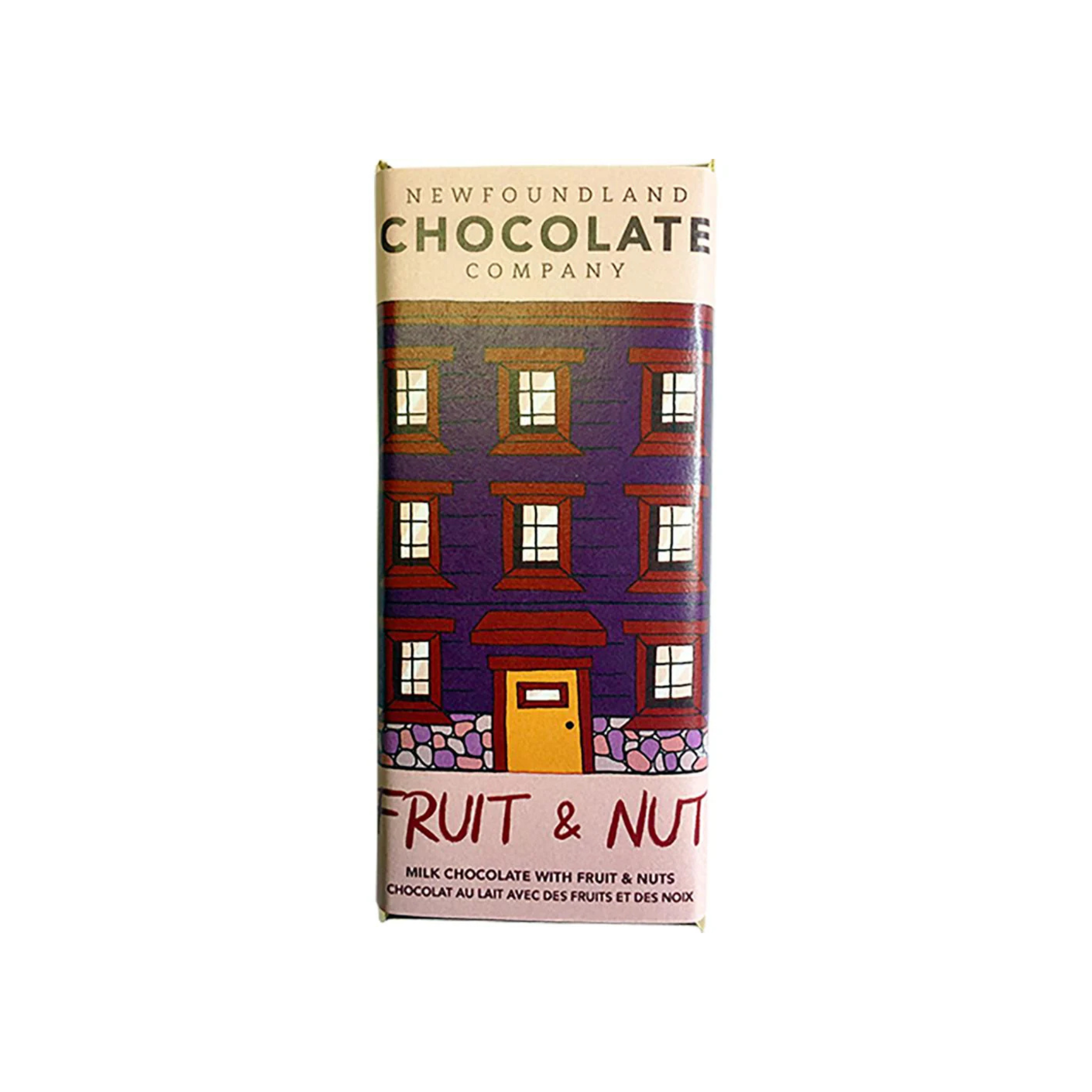 Fruit & Nuts Chocolate Bar packaged in a colourful Newfoudland row house design in purple and burgundy hues.