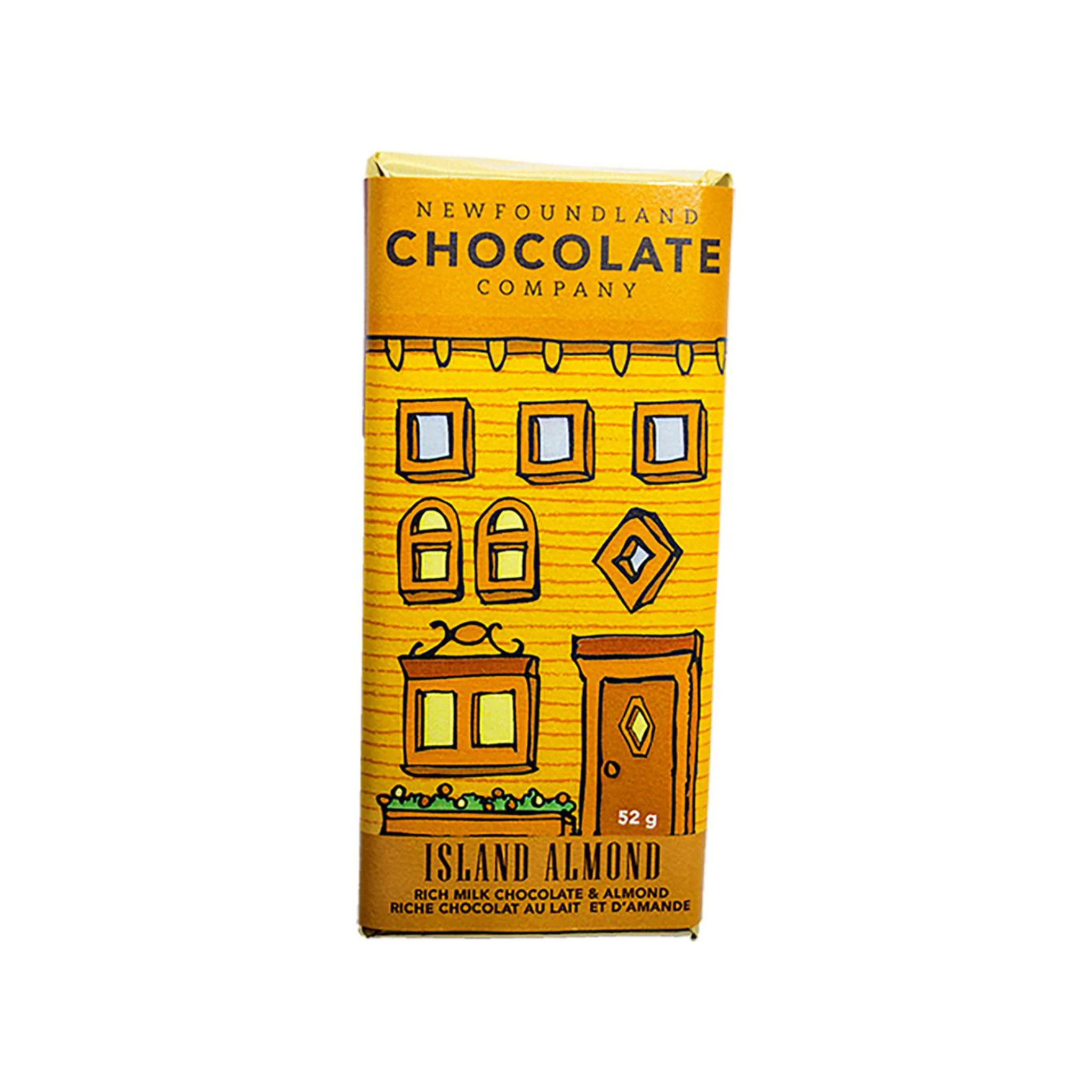 Island Almond Chocolate Bar wrapped in Newfoundland row house design in yellow and brown tones.