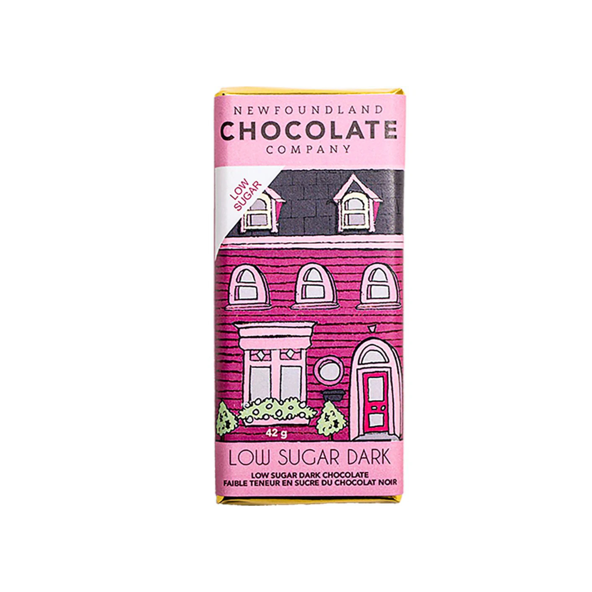 Low Sugar Dark Chocolate Bar packaged in a pink Newfoundland house illustration.
