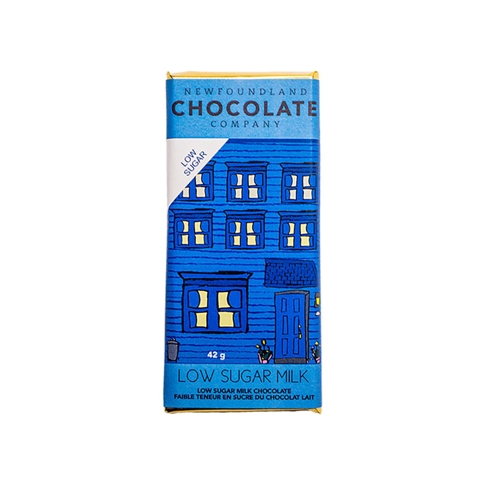 Low Sugar Milk Chocolate Bar packaged with blue Newfoundland row house illustration