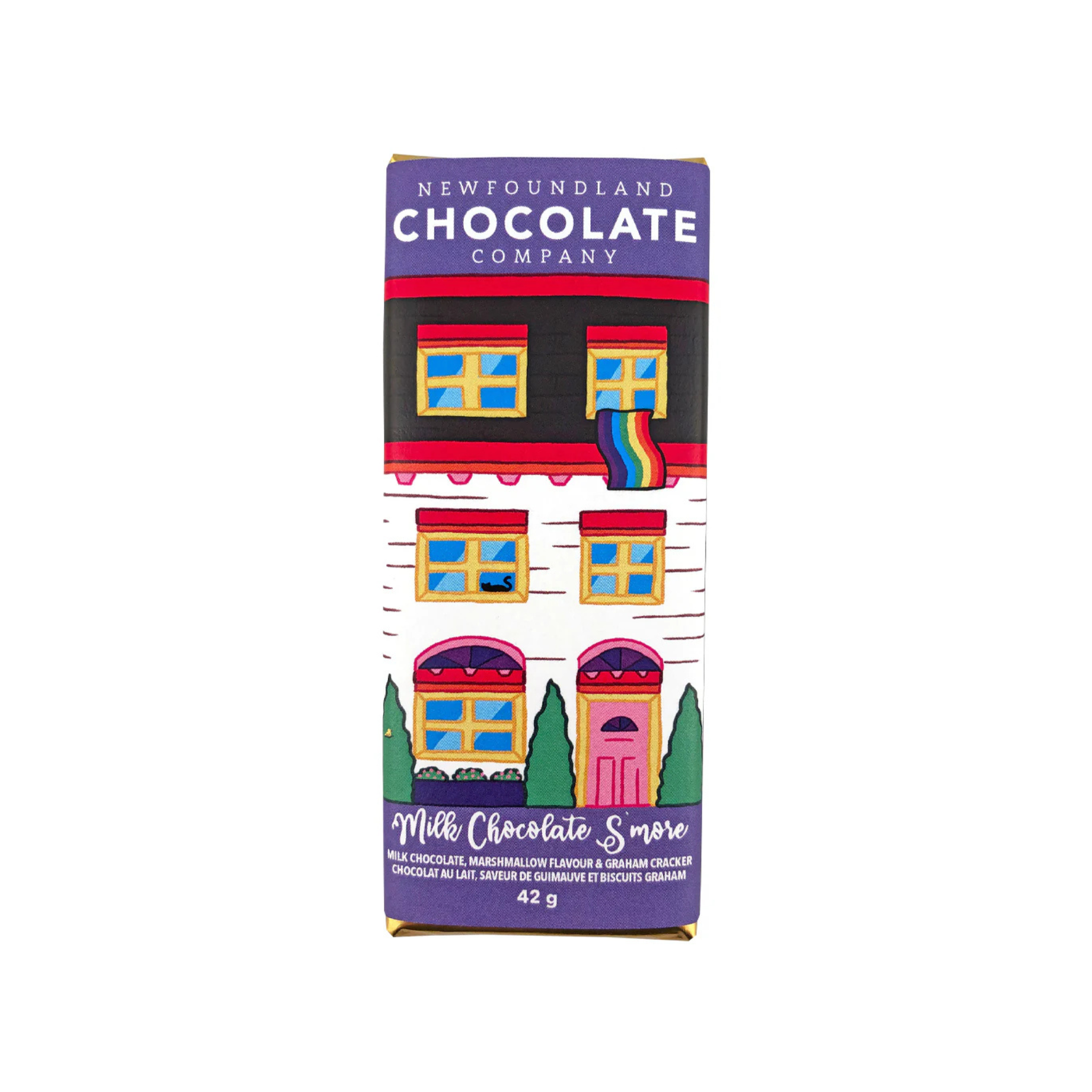 S'more chocolate bar packaging with colourful Newfoundland row houses on a white background