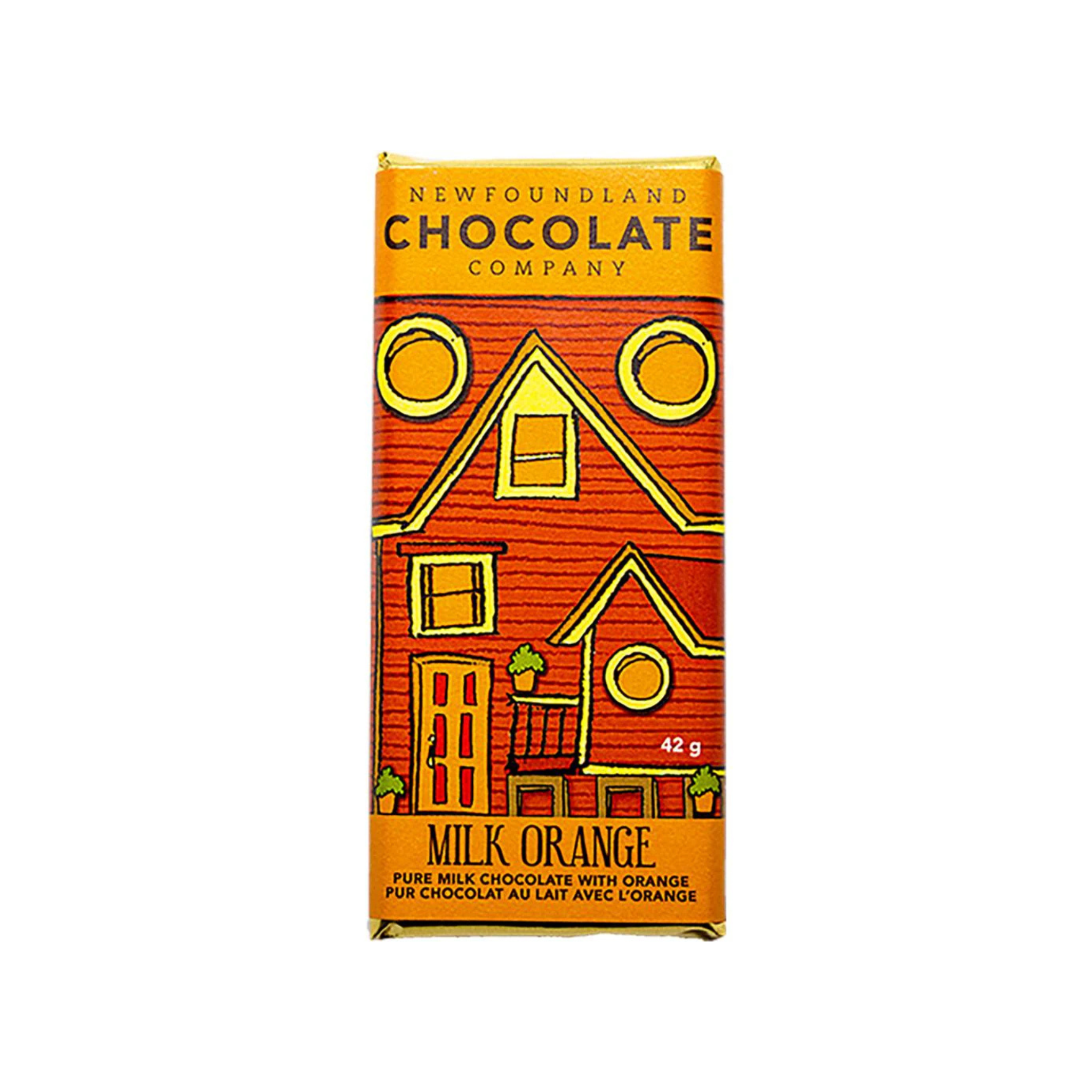 Milk Orange Chocolate Bar packaging with a Newfoundland row house illustration in shades of orange.