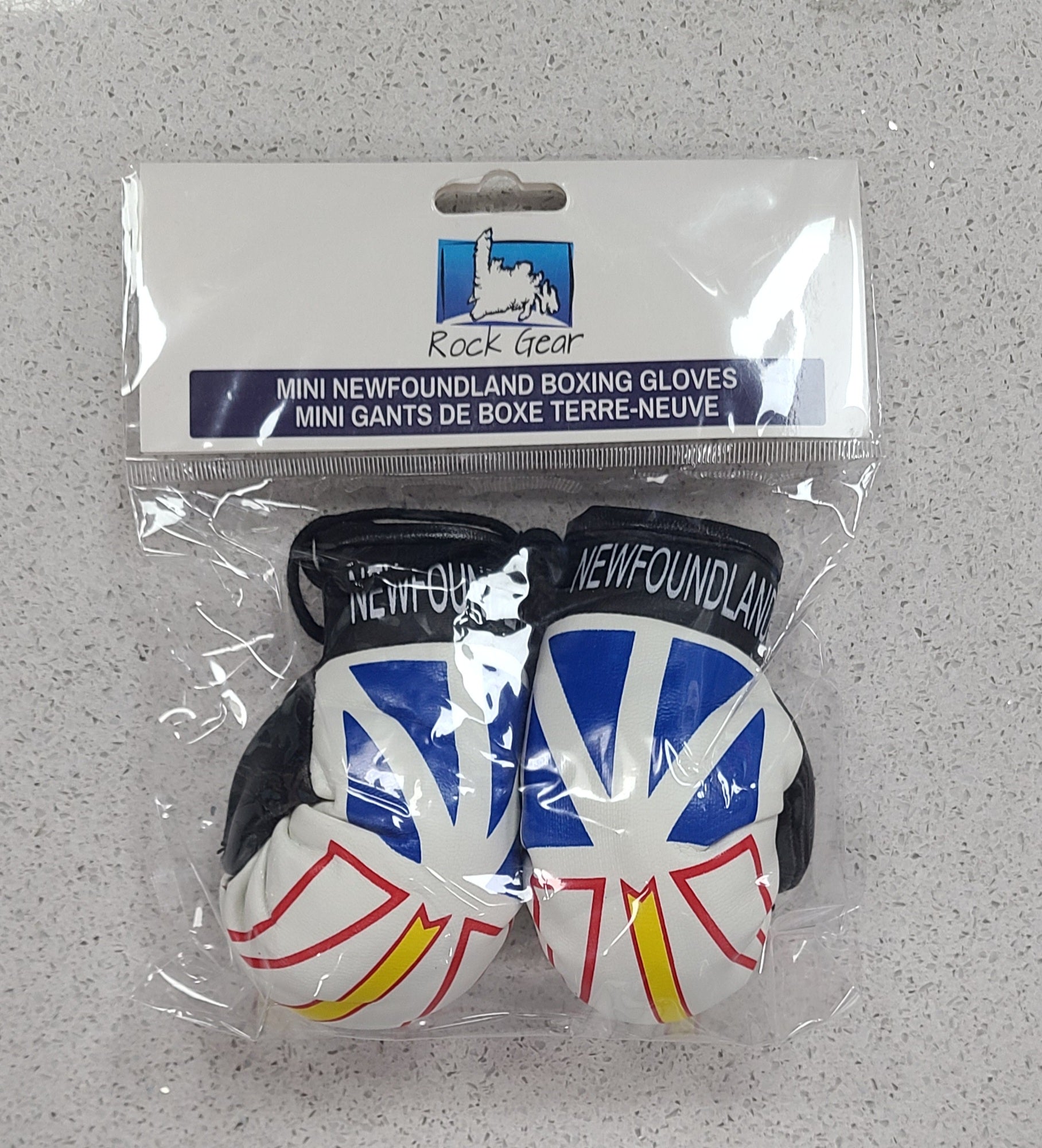 Mini Newfoundland boxing gloves in packaging with 'Rock Gear' branding on a gray surface.
