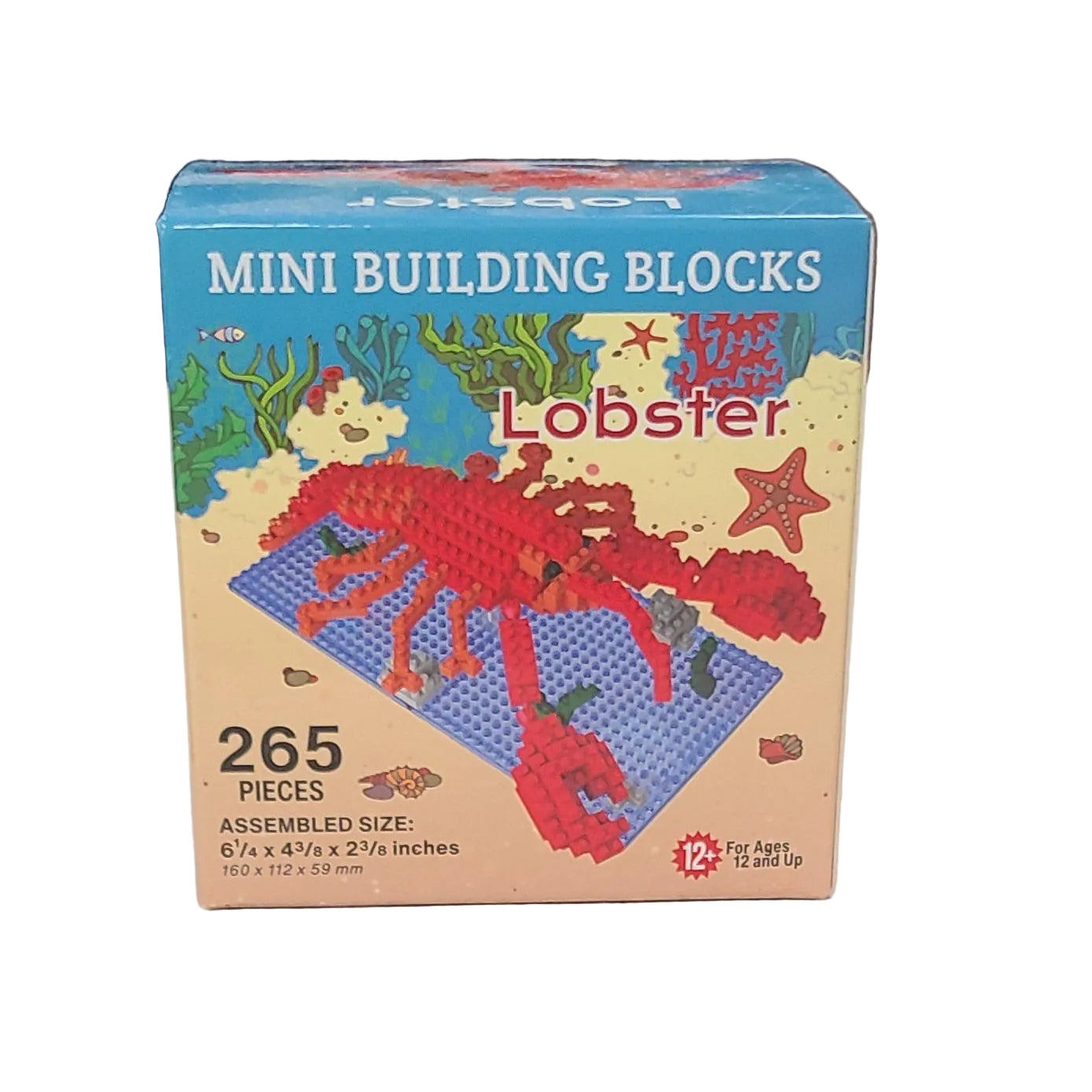 Box of Mini Building Blocks with lobster design on a gray surface