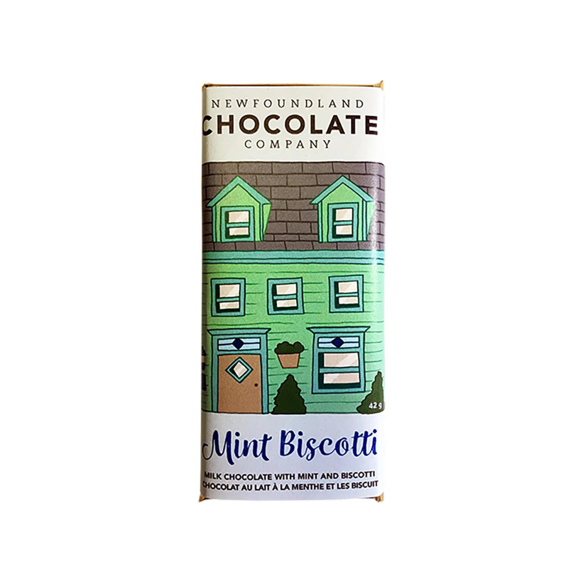 Mint Biscotti Milk Chocolate Bar with a Newfoundland row house illustration packaging