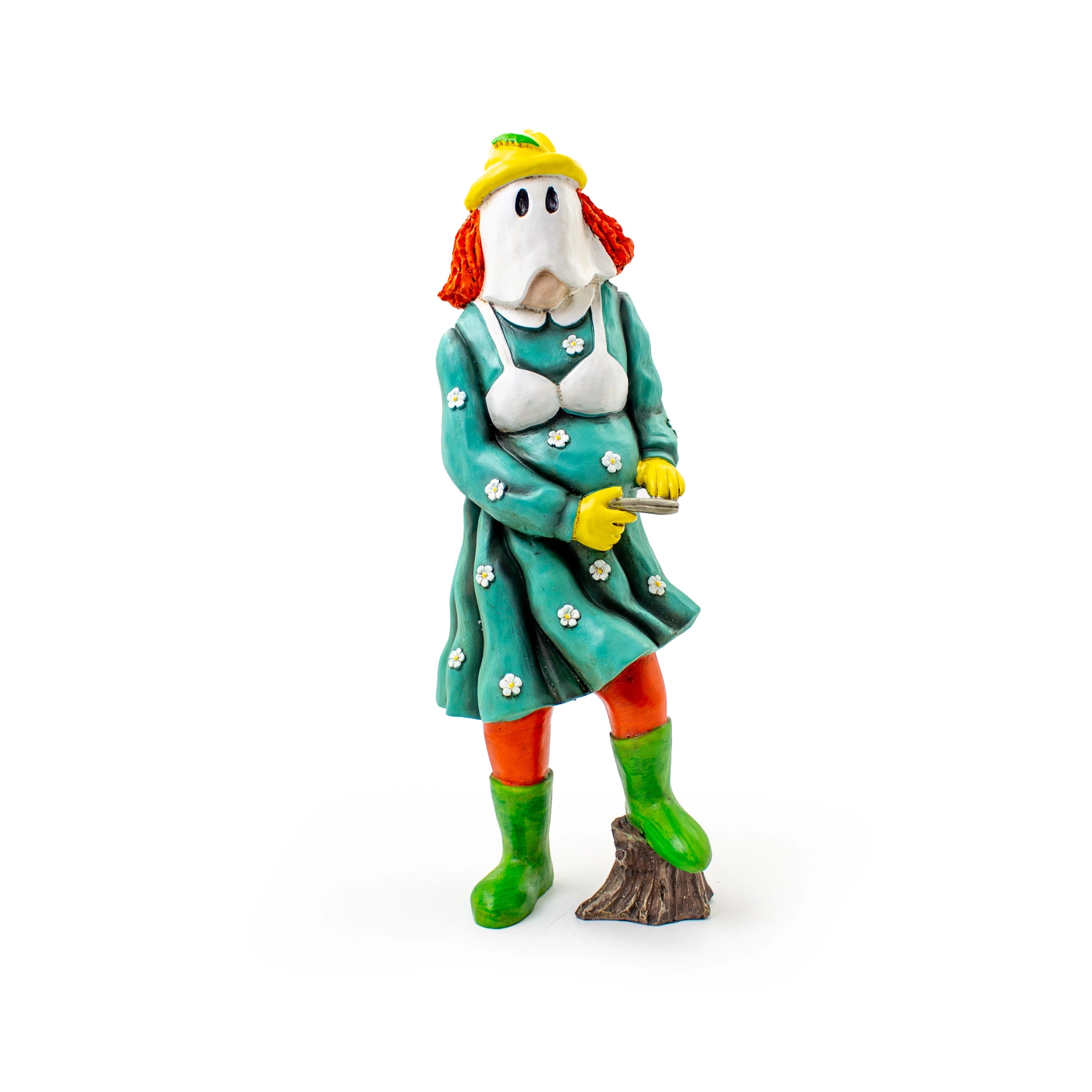 Newfoundland Mummer with Spoons figurine in bright dress and boots for Christmas village décor.