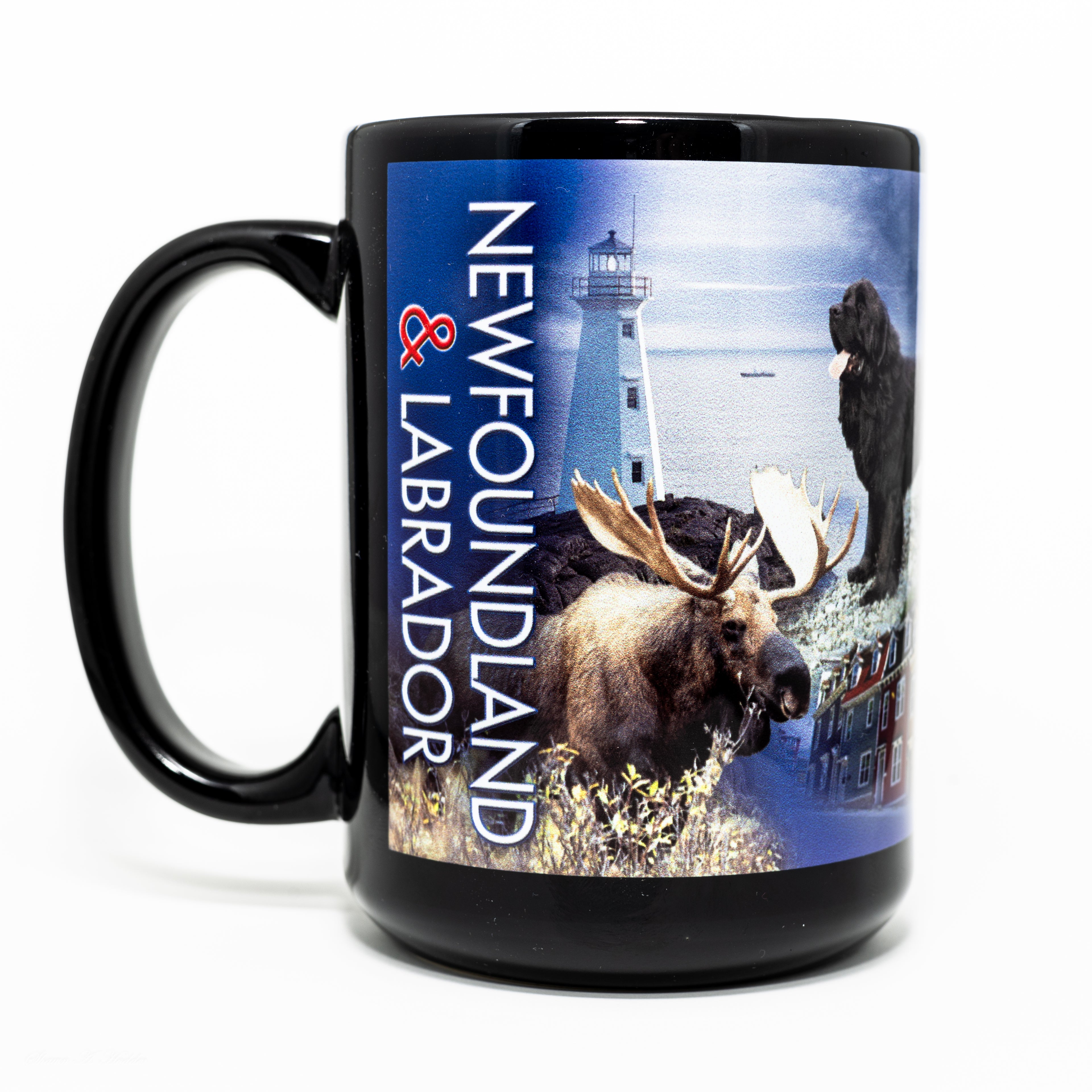 Newfoundland & Labrador souvenir mug featuring moose, lighthouse, Newfoundland dog, and colourful row houses, highlighting local icons.