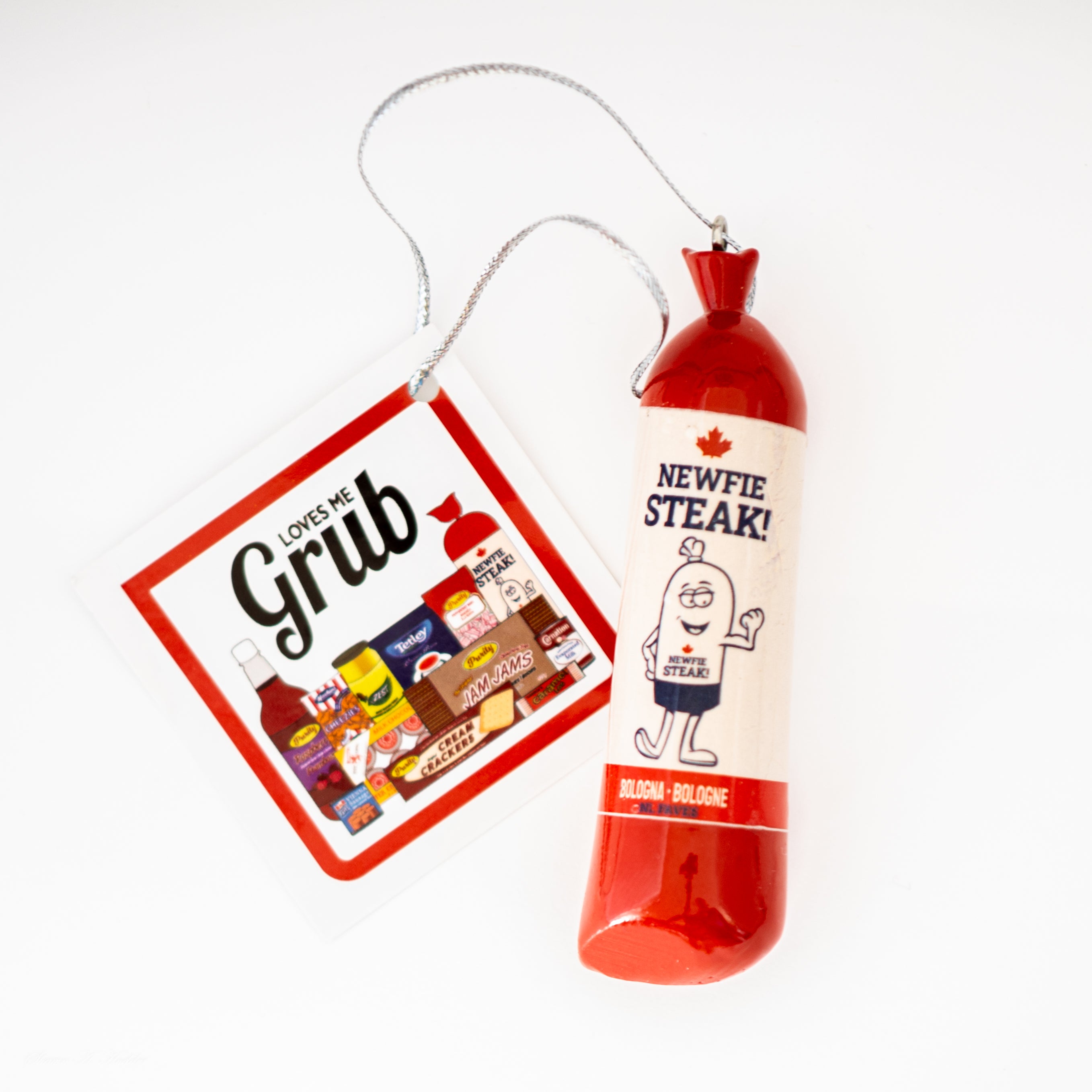 Newfoundland-themed Newfie Steak bologna Christmas ornament with tag featuring iconic local food items, perfect for festive home or gifting.