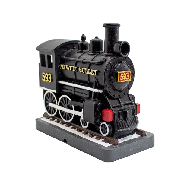 Model-train-engine-with 'Newfie -Bullet'-and-number-593-on-a-white background