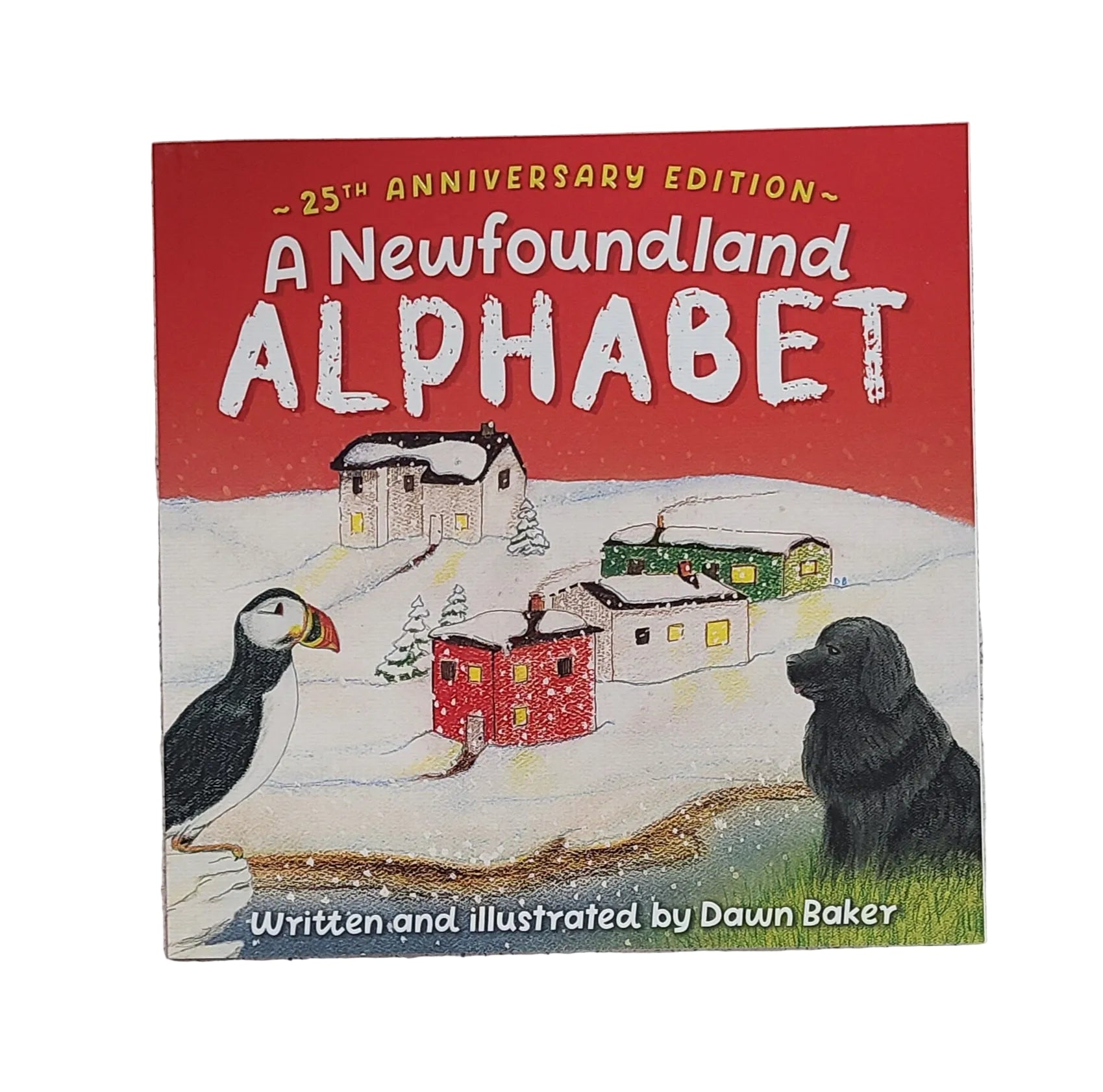 Book cover of 'A Newfoundland Alphabet' with a red background and illustrations of a puffin, black bear, and houses.