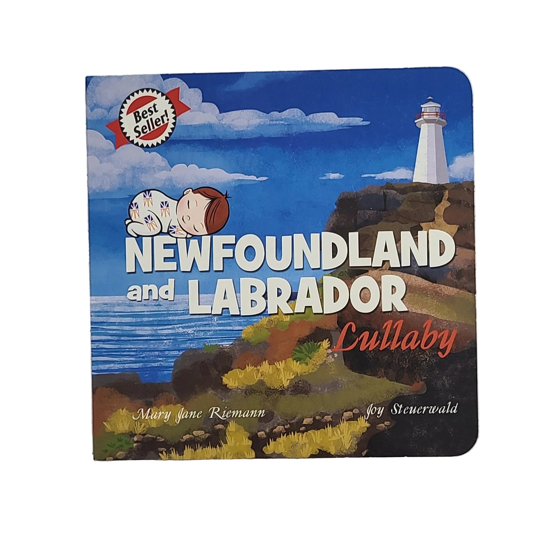 Book titled 'Newfoundland and Labrador Lullaby' with a lighthouse illustration on the cover.