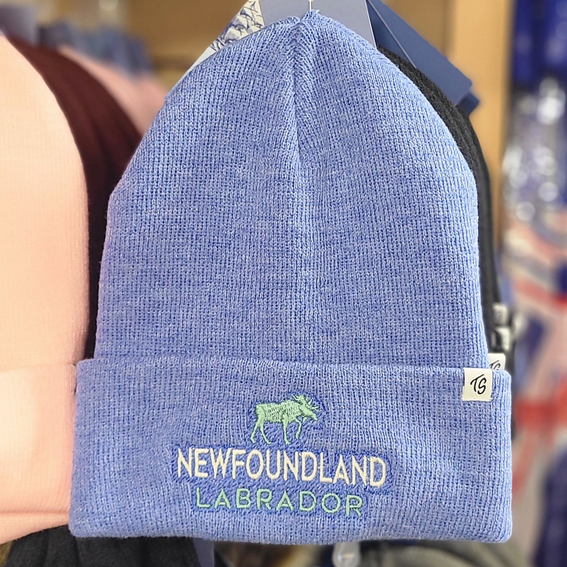 Blue-beanie-with-'Newfoundland-Labrador'- text.