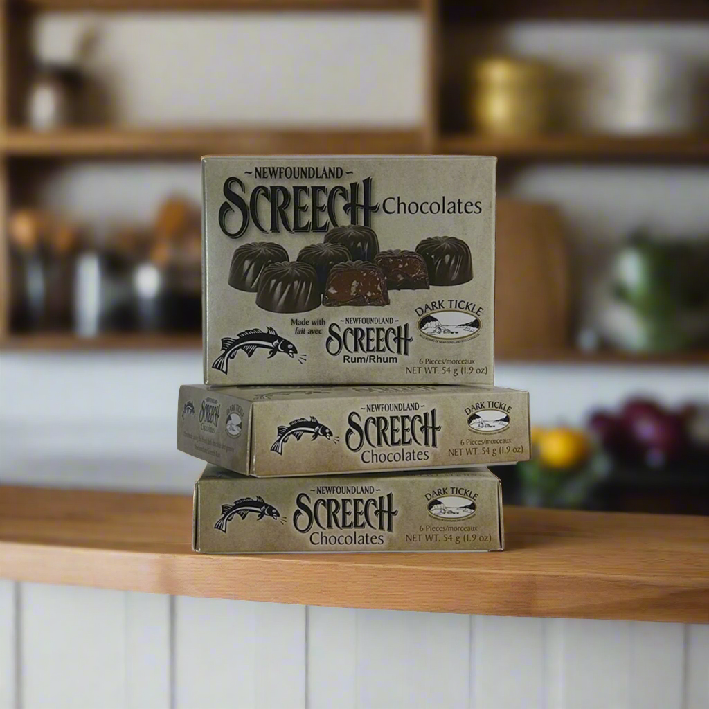 Box of Newfoundland Screech Chocolates with six dark rum-filled pieces.