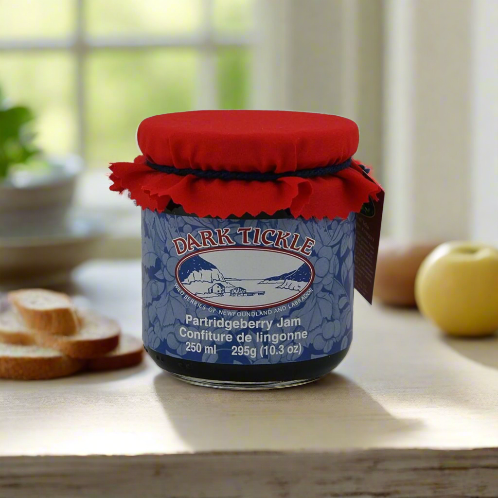 250 ml jar of Dark Tickle Partridgeberry Jam with red fabric cover from Newfoundland and Labrador