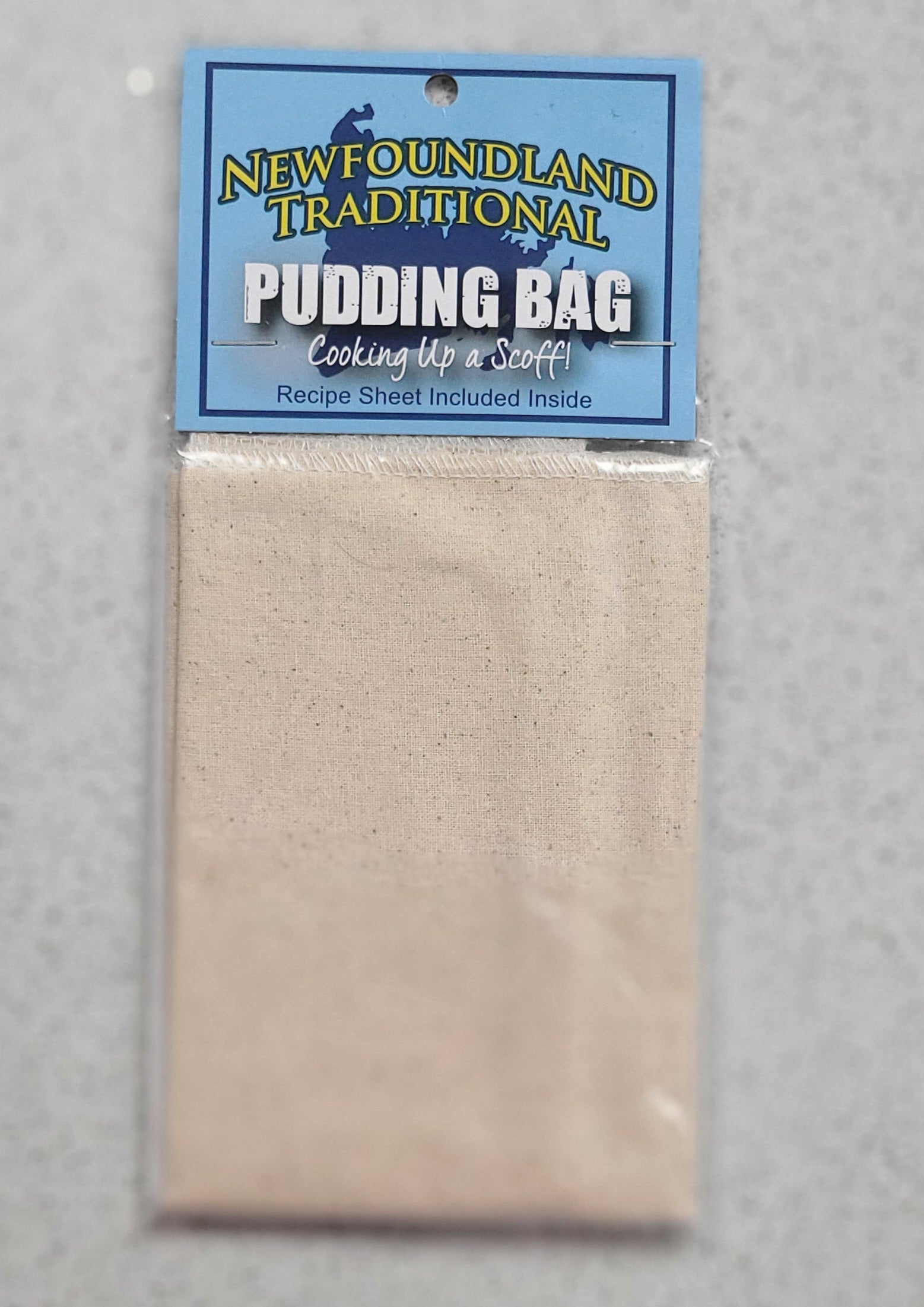 Newfoundland Traditional pudding bag with blue label on a gray background