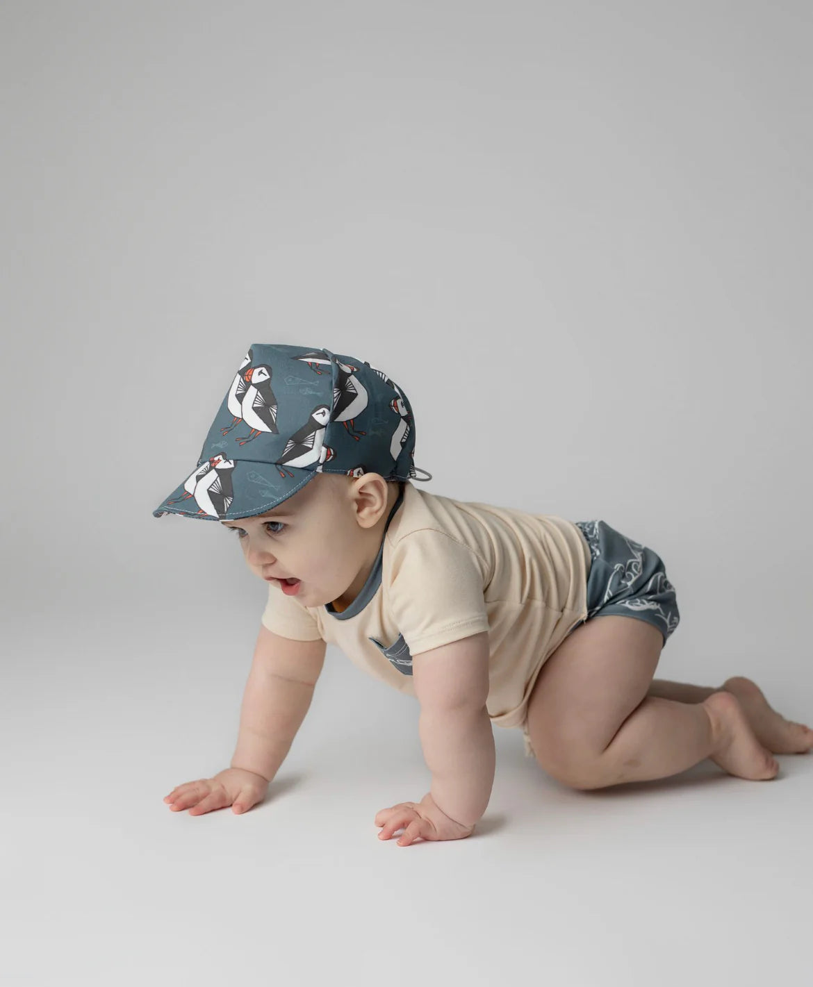 Toddler crawling on a plain background wearing a navy Baseball Cap patterned with Newfoundland's famous puffin.