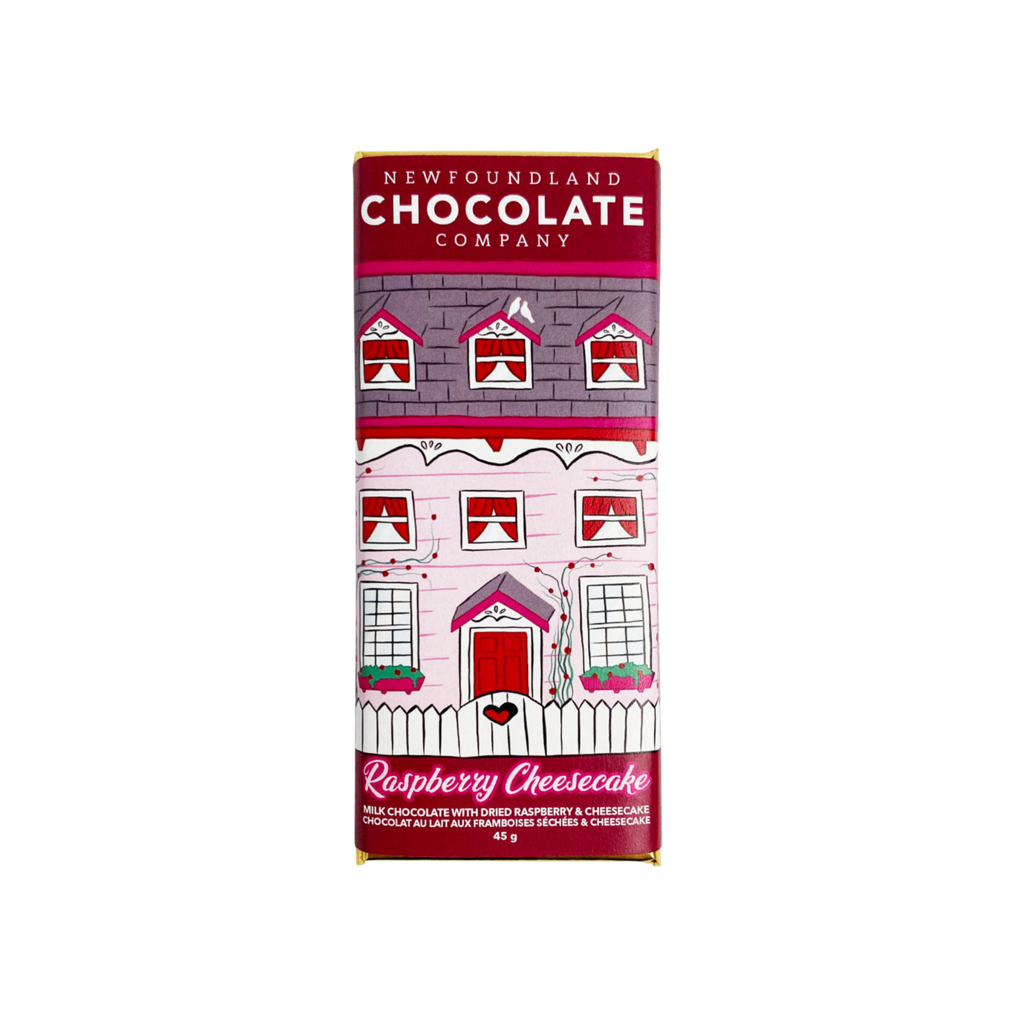 Raspberry Cheesecake Chocolate Bar packaging with a Newfound row house design in shades of pink and raspberry.