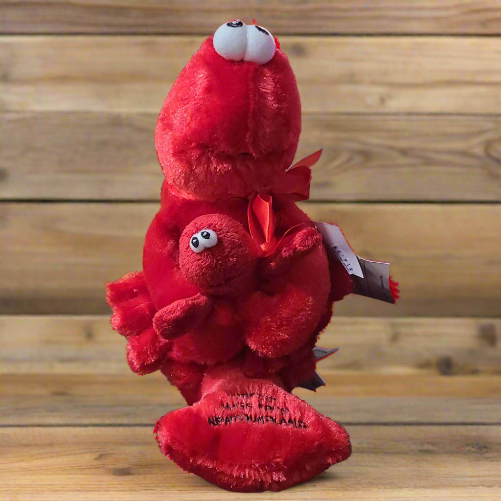 Red Plush Newfoundland Lobster with Baby on Bench