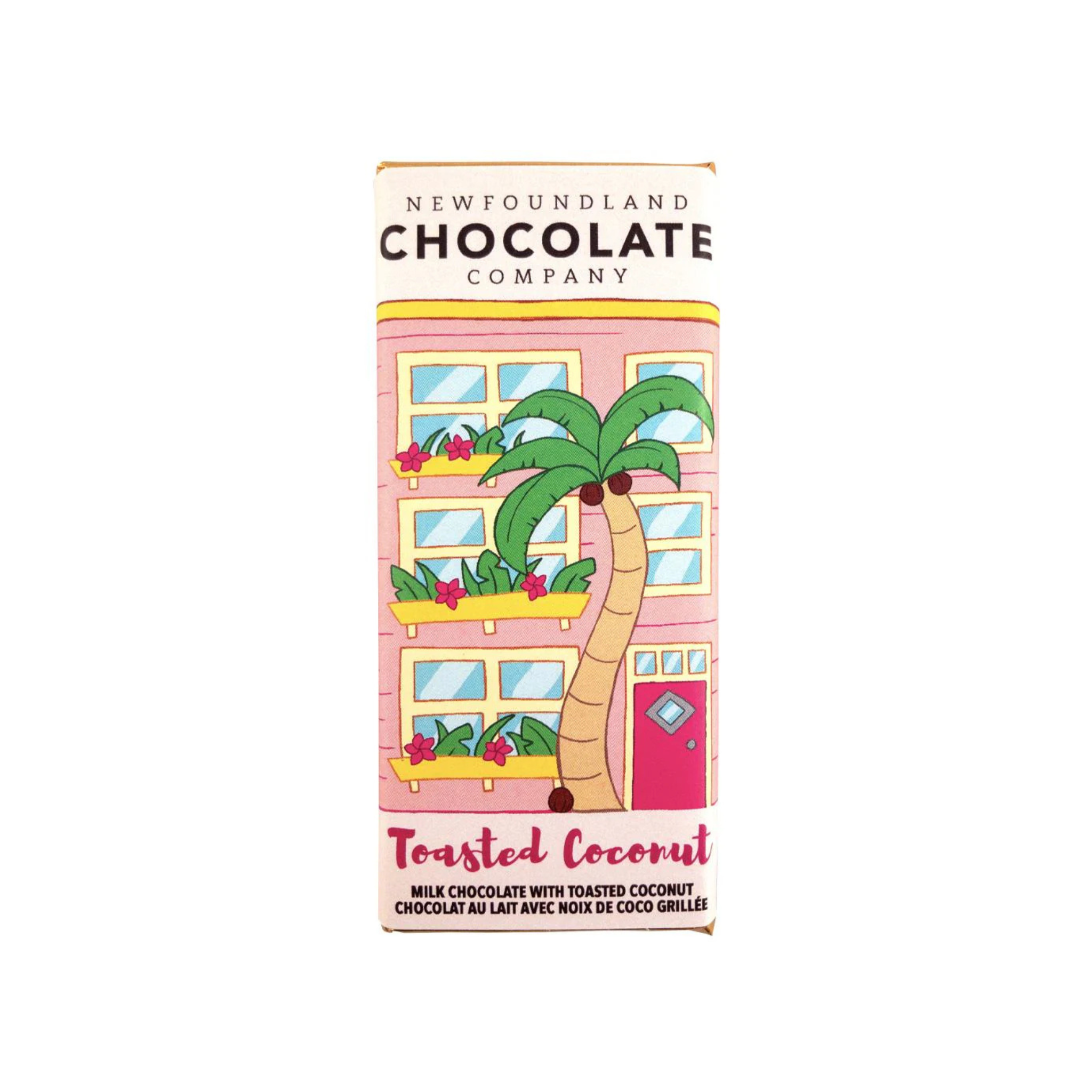 Toasted coconut chocolate bar packaging with a palm tree design and Newfoundland row house.