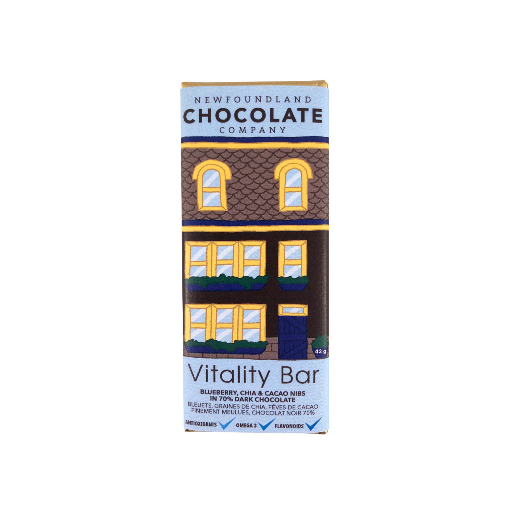 Vitality Chocolate Bar packaged with Newfoundland row house design in blue and brown shades.