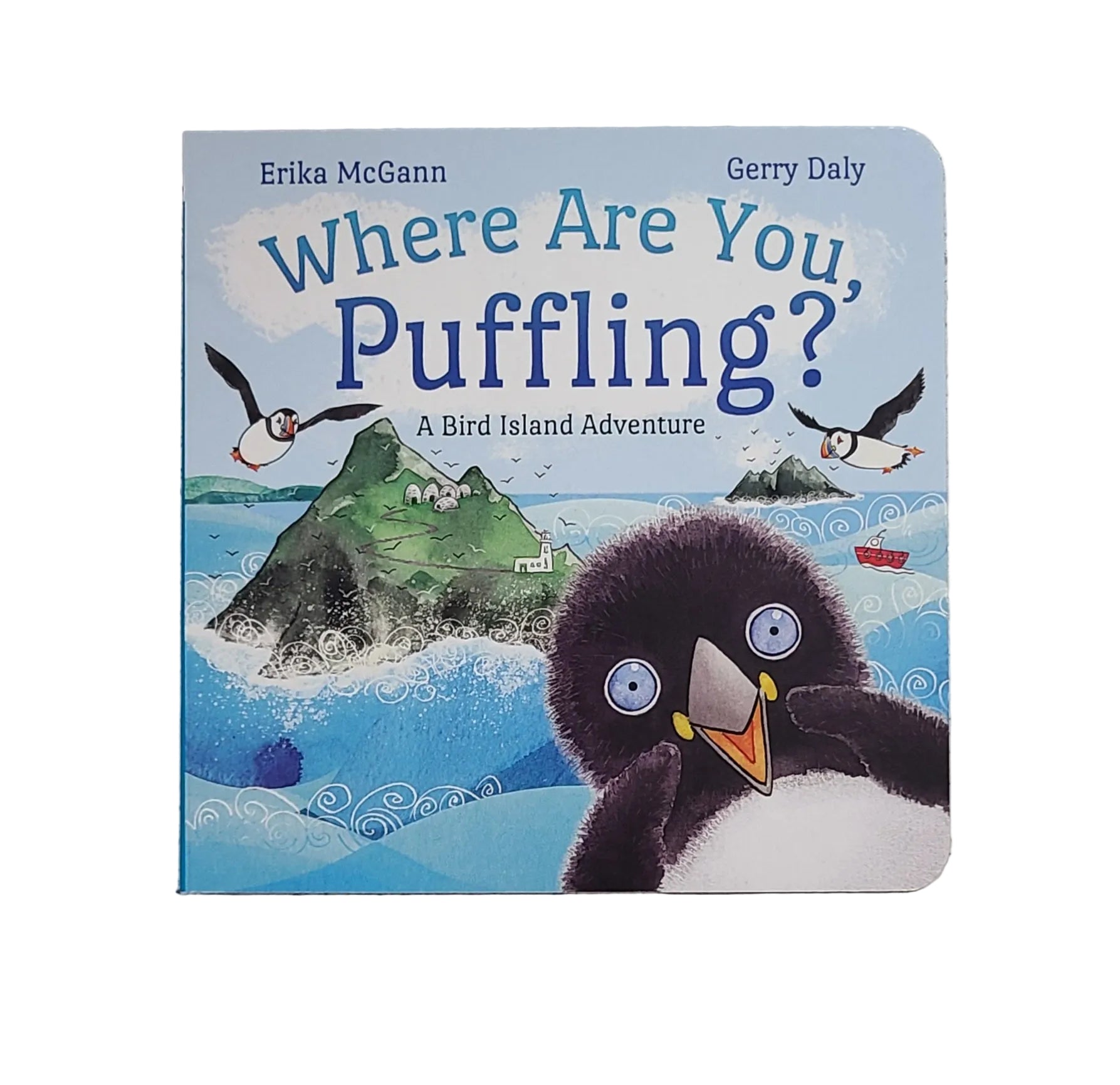 Children's book titled 'Where Are You, Puffling?' on a gray surface