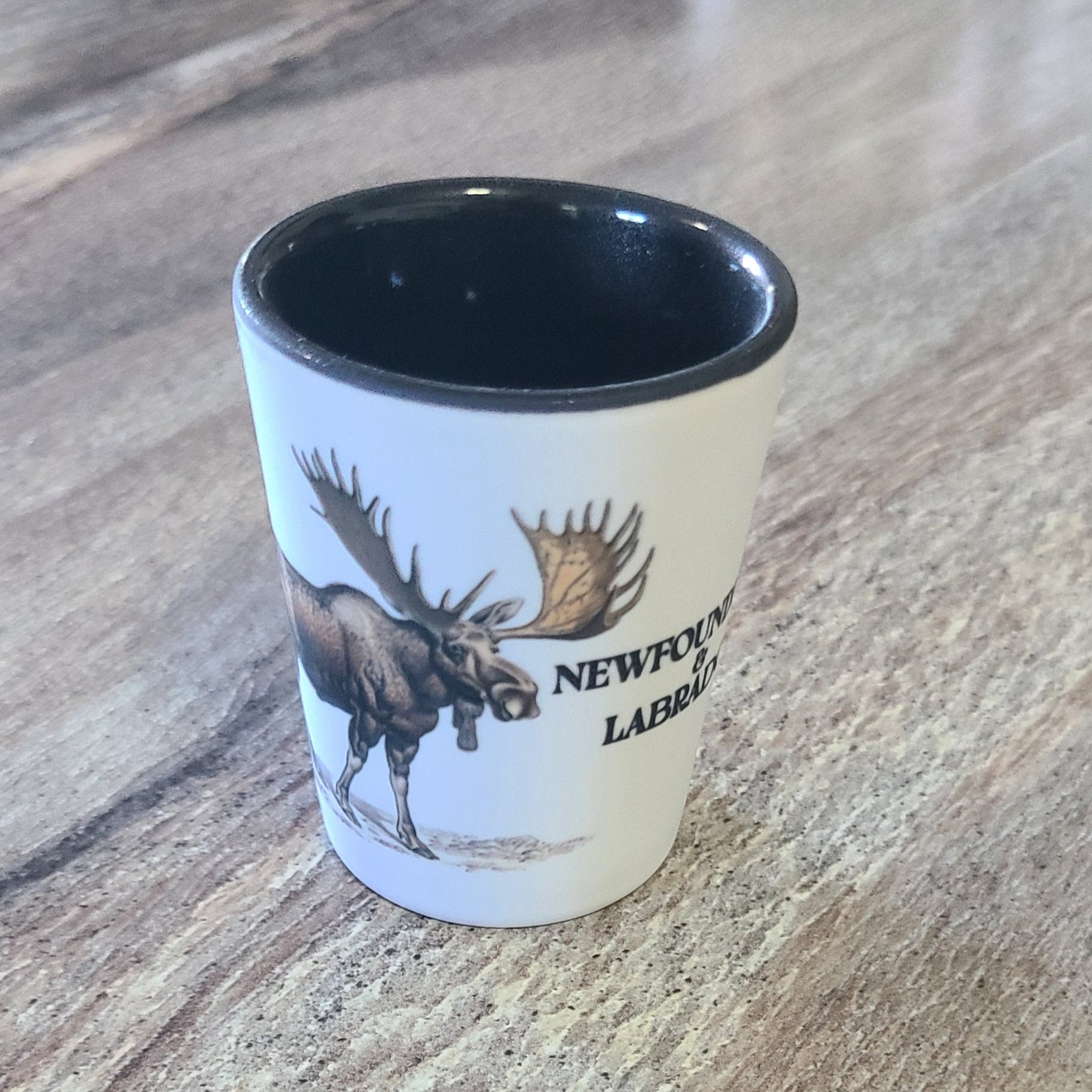 White Shot Glass Featuring a NL Bull Moose with Black Interior 
