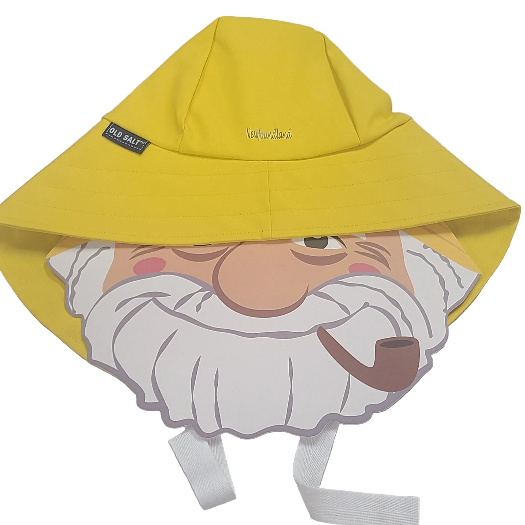 Yellow rain hat with old fisherman face on white background 