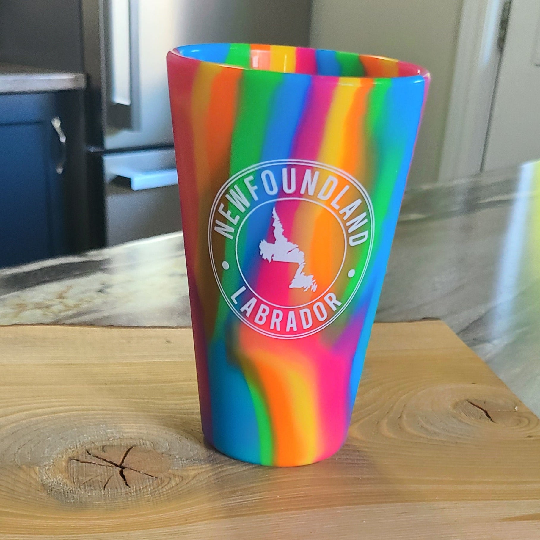 Newfoundland Vibrant Rainbow Silicone Glass on Wooden Board