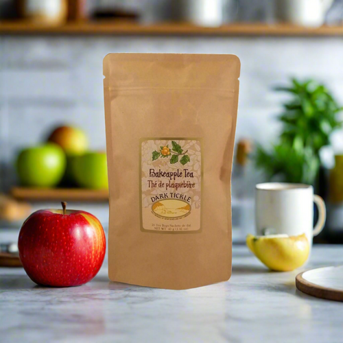 Dark Tickle Bakeapple Tea 20-bag pouch, featuring this iconic Newfoundland berry on the label.