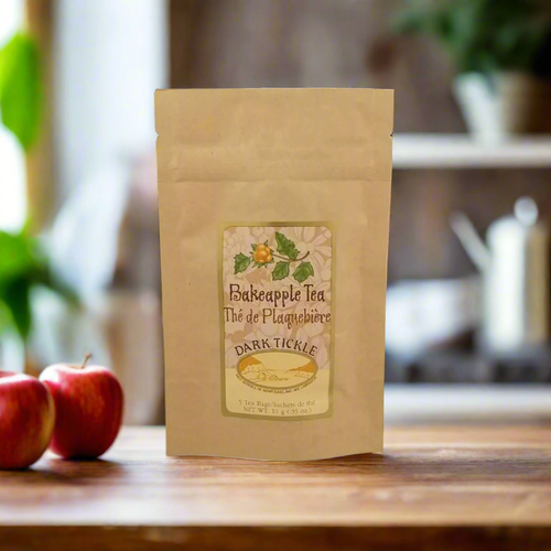 Dark Tickle Bakeapple Tea 5-bag pouch, highlighting this famous Newfoundland berry on the label.