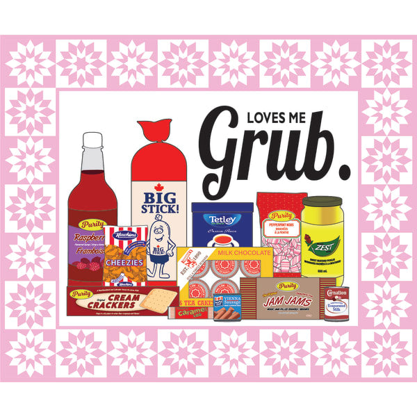 Product-display-with-'Loves-Me-Grub'-text-on-a-pink-background -with-white-floral-patterns